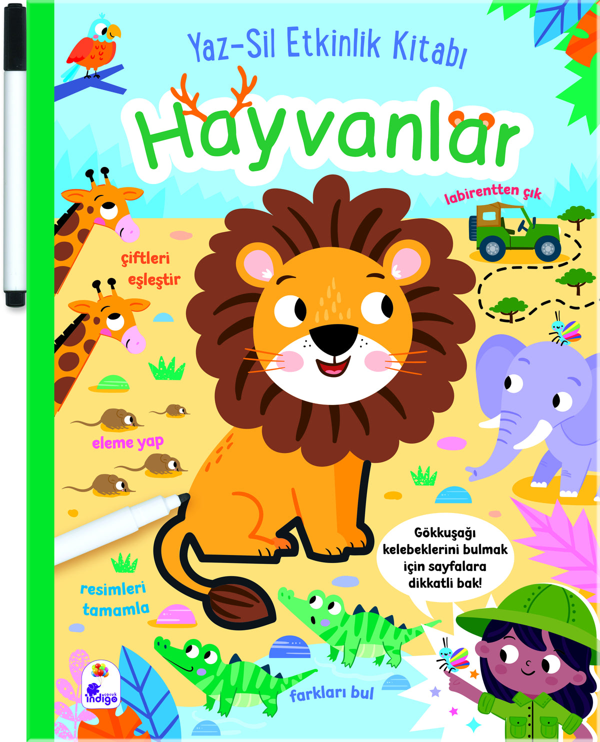 Yaz-Sil Etkinlik Kitabı – Hayvanlar (Kalemli) – İndigo Çocuk kitap kapağı