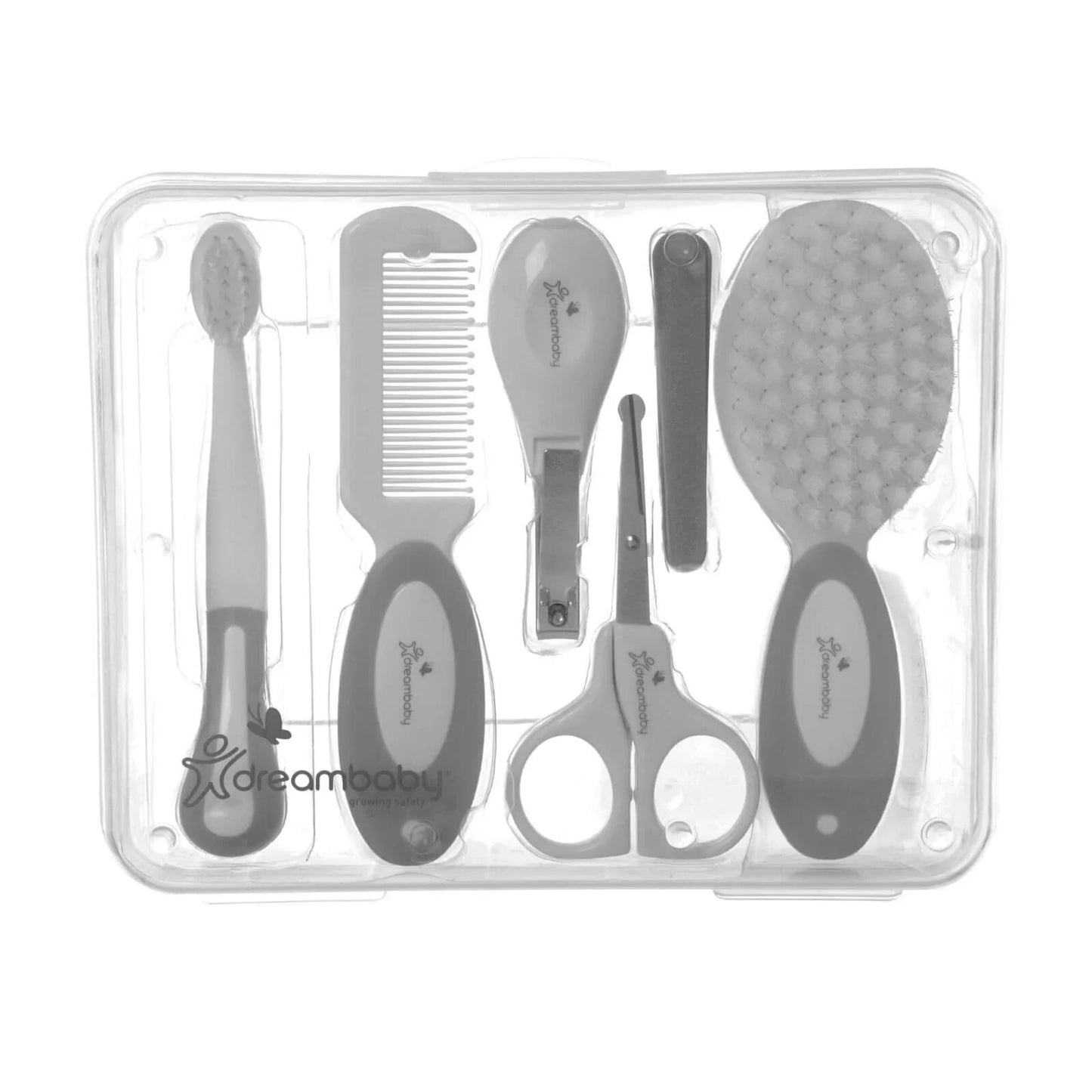 Dreambaby Essentials Deluxe (Ergo Handle) 10 pcs Grooming Kit in Clear Hard Case - Grey - mezetto ebebek ebebek
