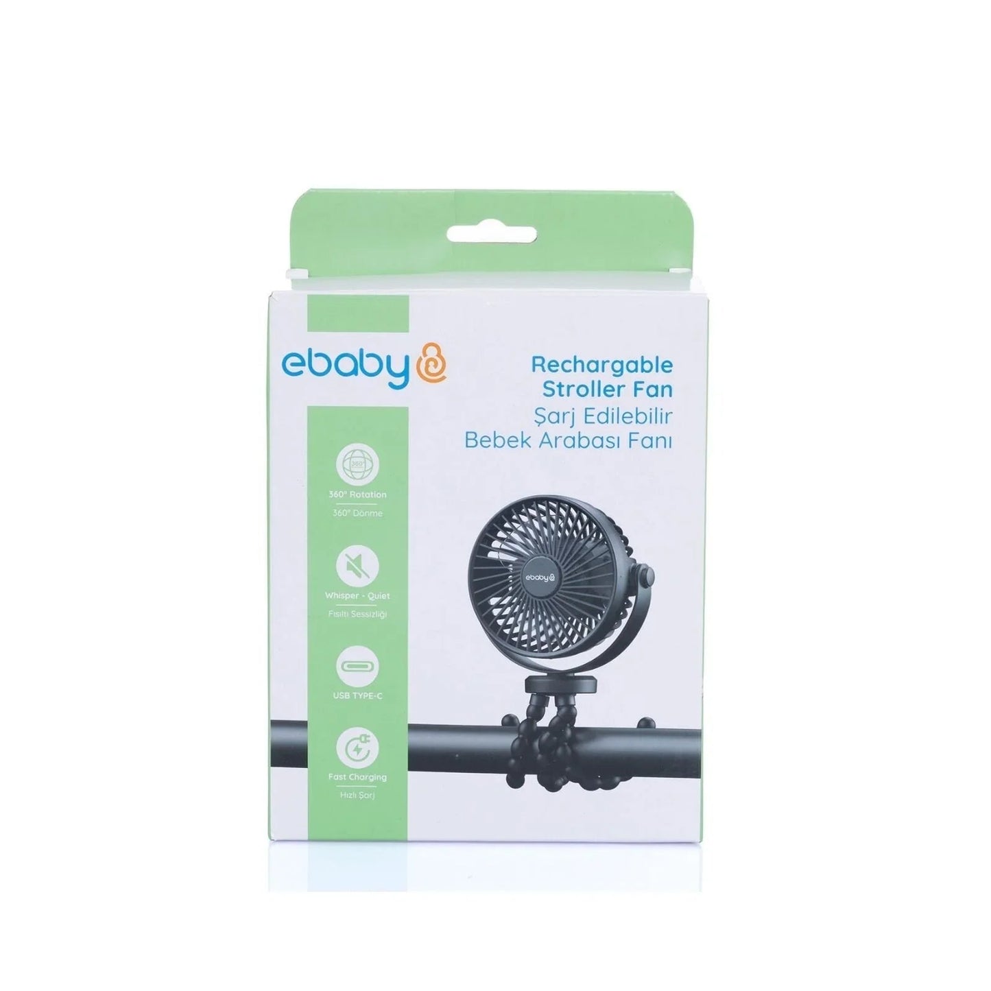 ebaby Rechargeable Stroller Fan - Black - mezetto