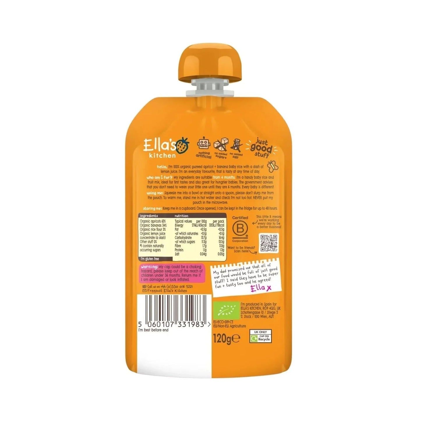 Ella's Kitchen Organic Apricot & Banana Baby Rice Baby Food Pouch 4+ months 120g - mezetto ebebek ebebek