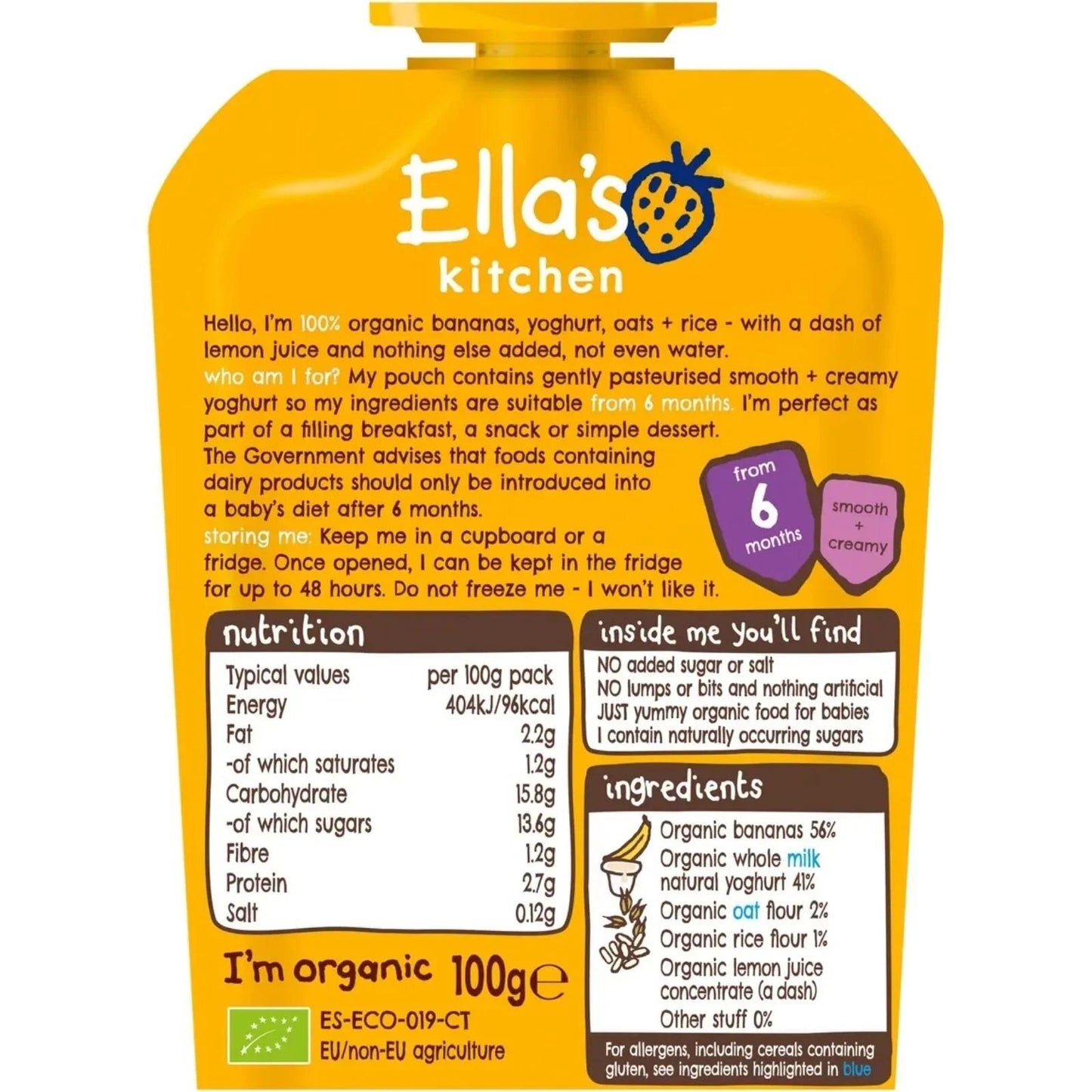 Ella's Kitchen Organic Banana Baby Brekkie Baby Food Breakfast Pouch 6+ months 100g - mezetto ebebek ebebek
