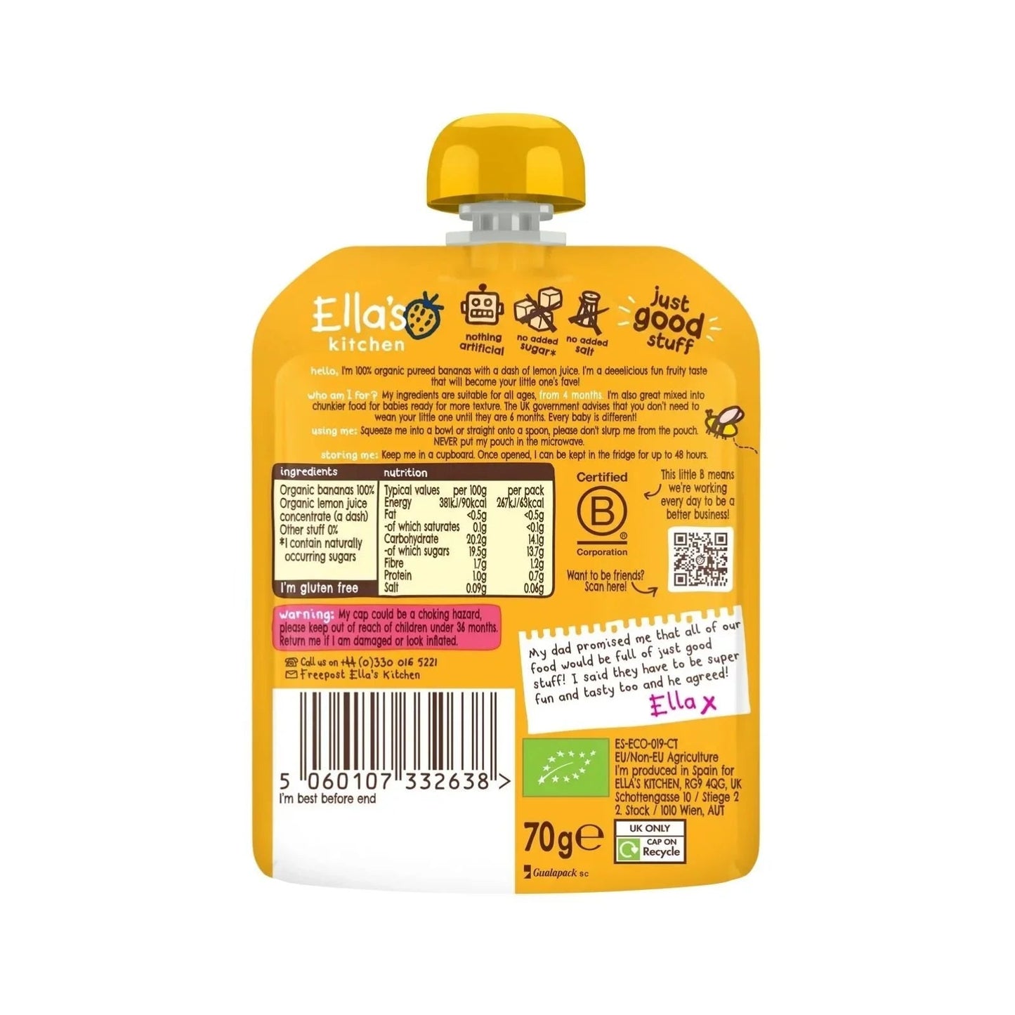 Ella's Kitchen Organic Bananas First Tates Baby Food Pouch 4+ months 70g - mezetto ebebek ebebek