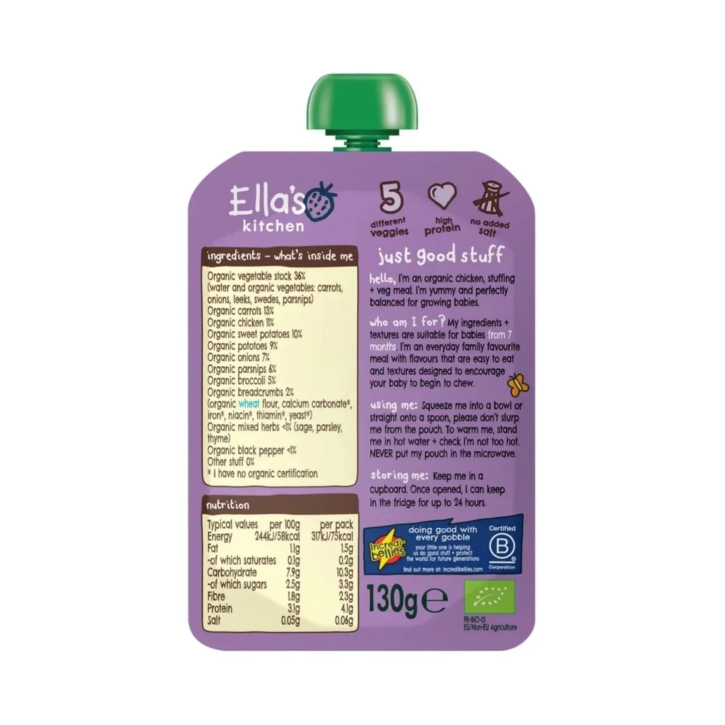 Ella's Kitchen Organic Chicken Roast Dinner Baby Food Pouch 7+ months 130g - mezetto ebebek ebebek