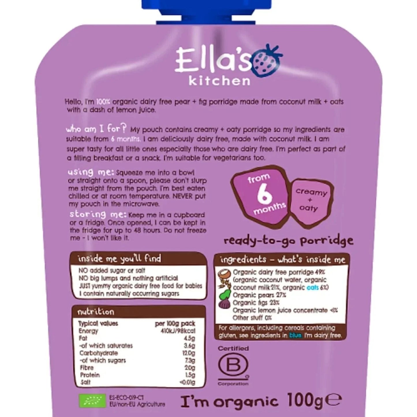 Ella's Kitchen Organic Dairy Free Pear & Fig Porridge Baby Food Pouch 6+ months 100g - mezetto ebebek ebebek