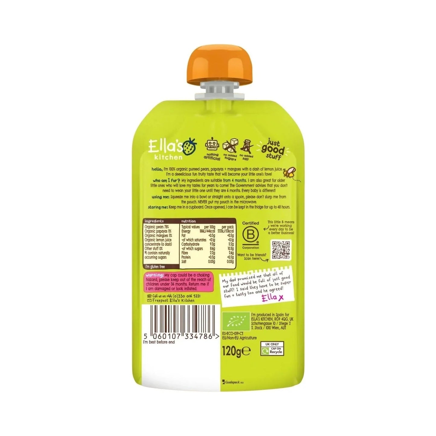 Ella's Kitchen Organic Mangoes Pears & Papaya Baby Food Pouch 4+ months 120g - mezetto ebebek ebebek