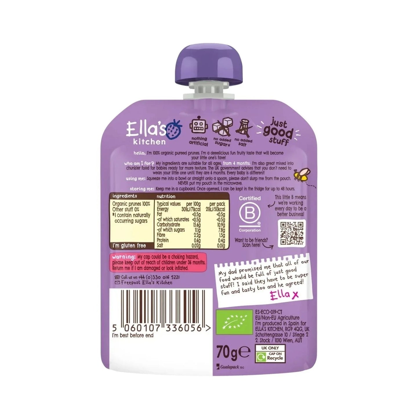 Ella's Kitchen Organic Prunes First Tastes Baby Food Pouch 4+ months 70g - mezetto ebebek ebebek