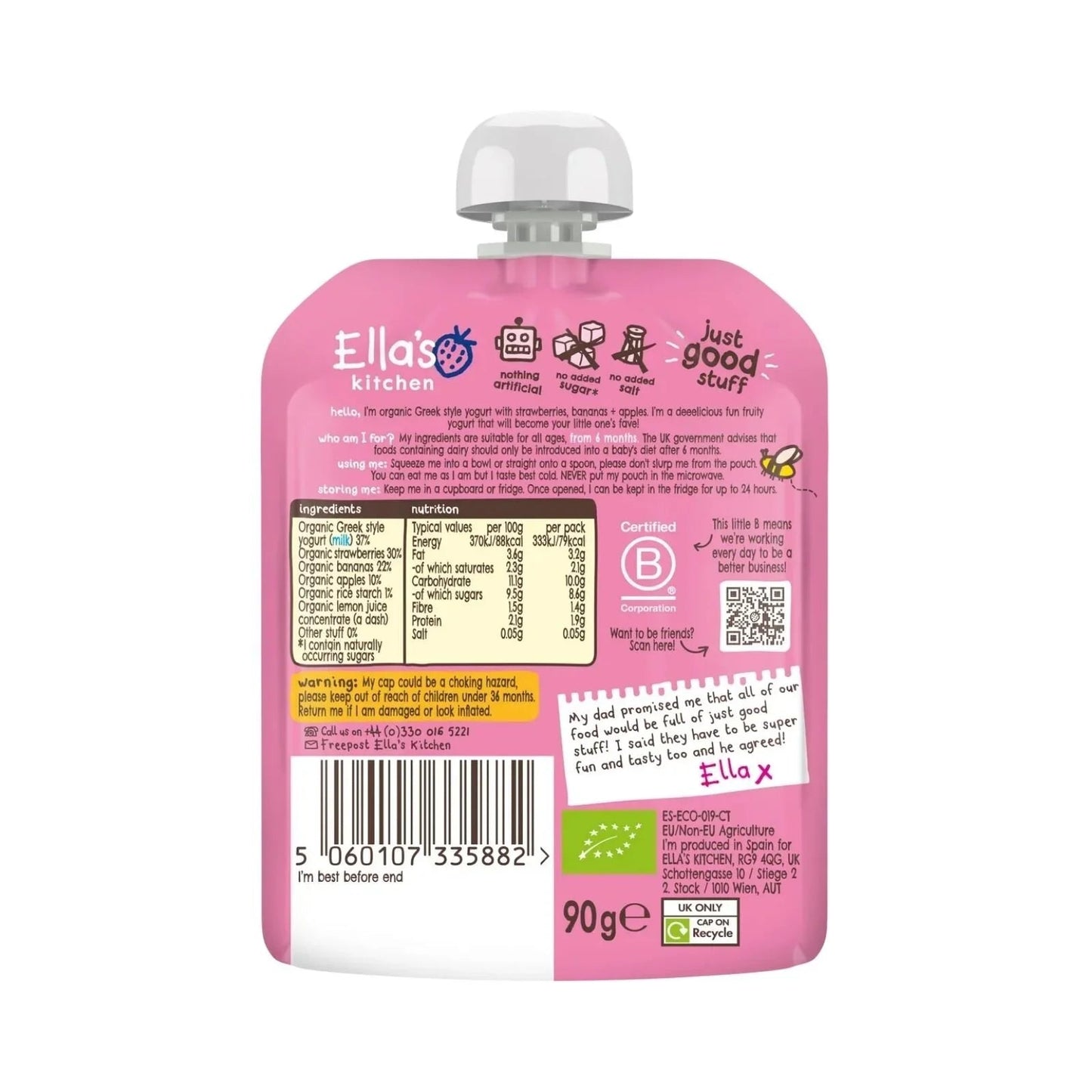 Ella's Kitchen Organic Strawberry Greek Style Yoghurt Baby Food Pouch 6+ months 90g - mezetto ebebek ebebek