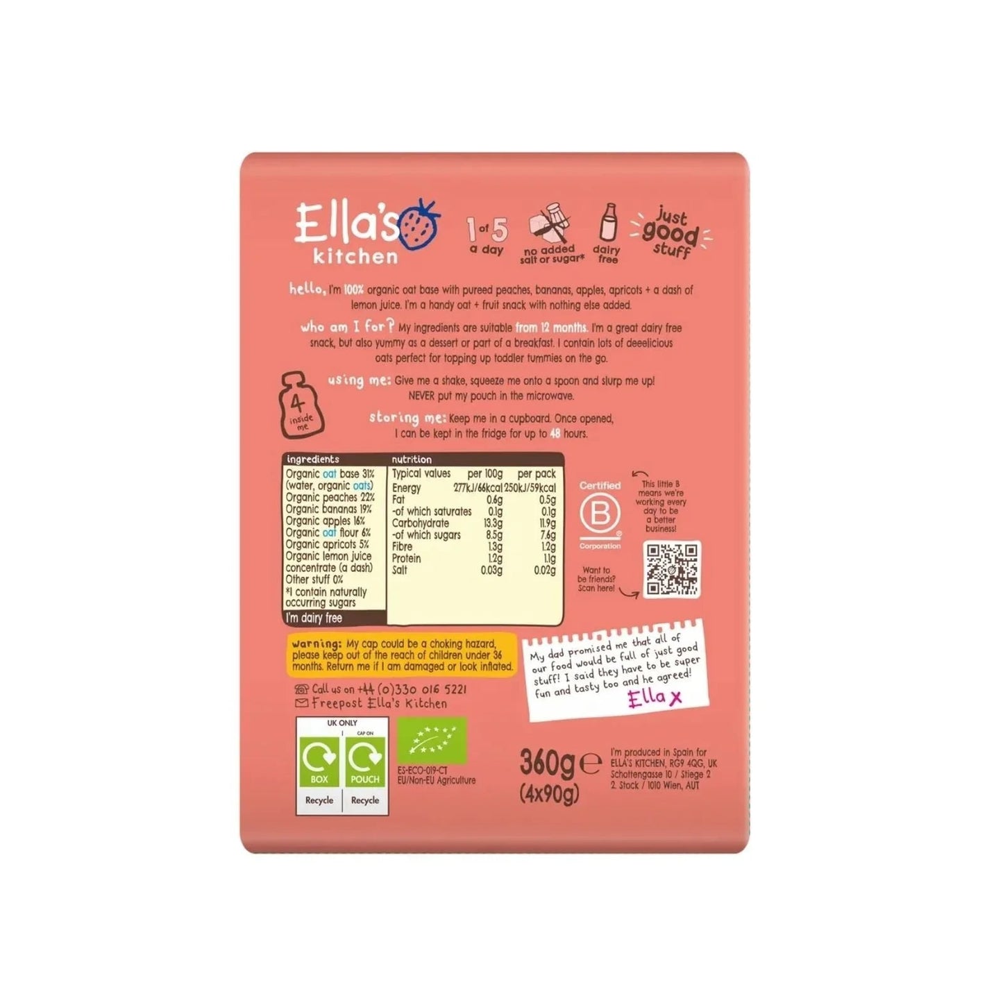 Ella's Kitchen Peach & Banana Oaty Smooshy 12+ months 360g (4x90g) - mezetto ebebek ebebek