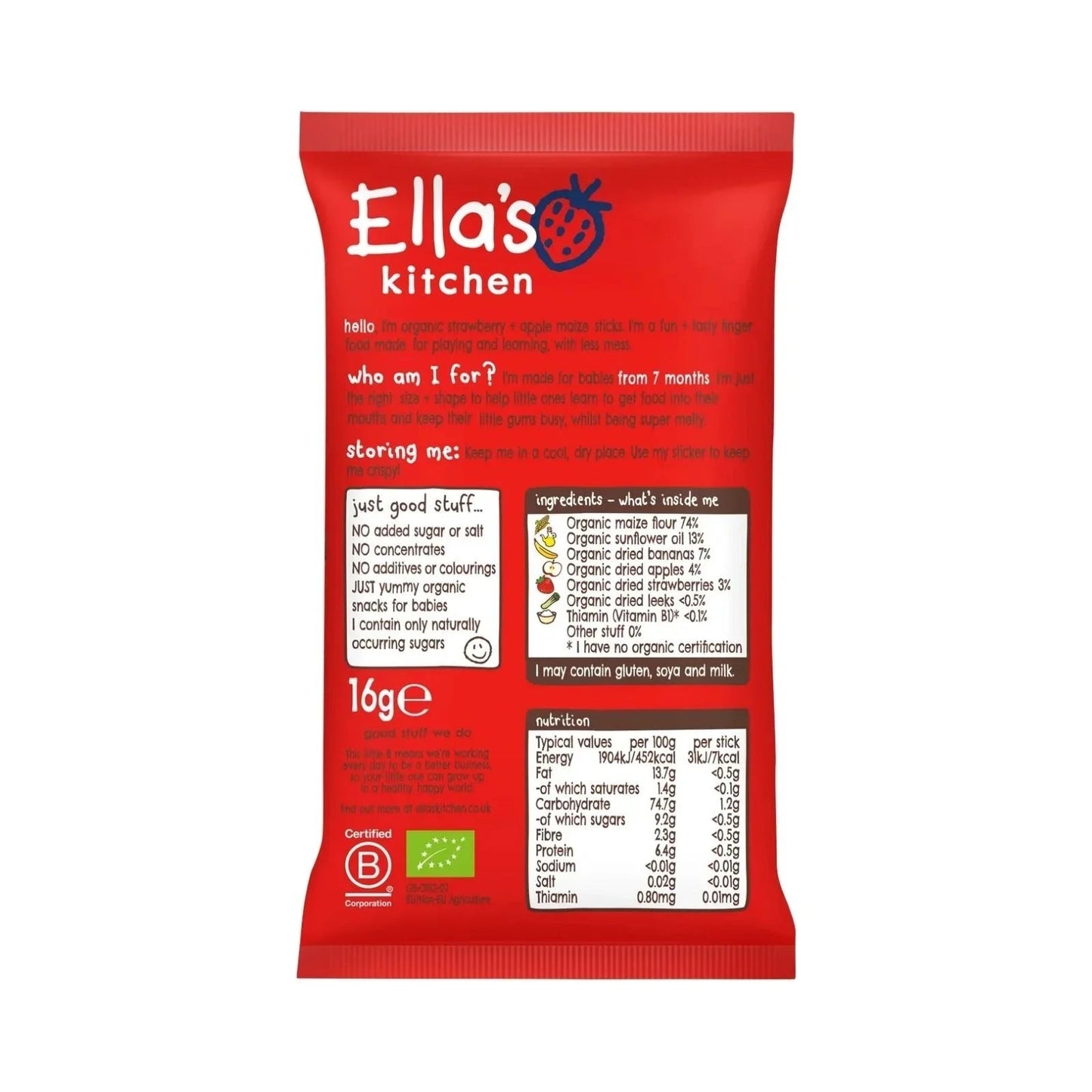 Ella's Kitchen Strawberry & Apple Melty Sticks Baby Snack 7+ months 16g - mezetto ebebek ebebek