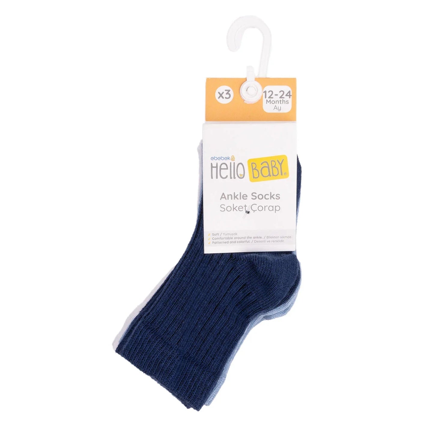 HelloBaby Ankle Socks 3 pcs - Navy Blue - mezetto ebebek ebebek