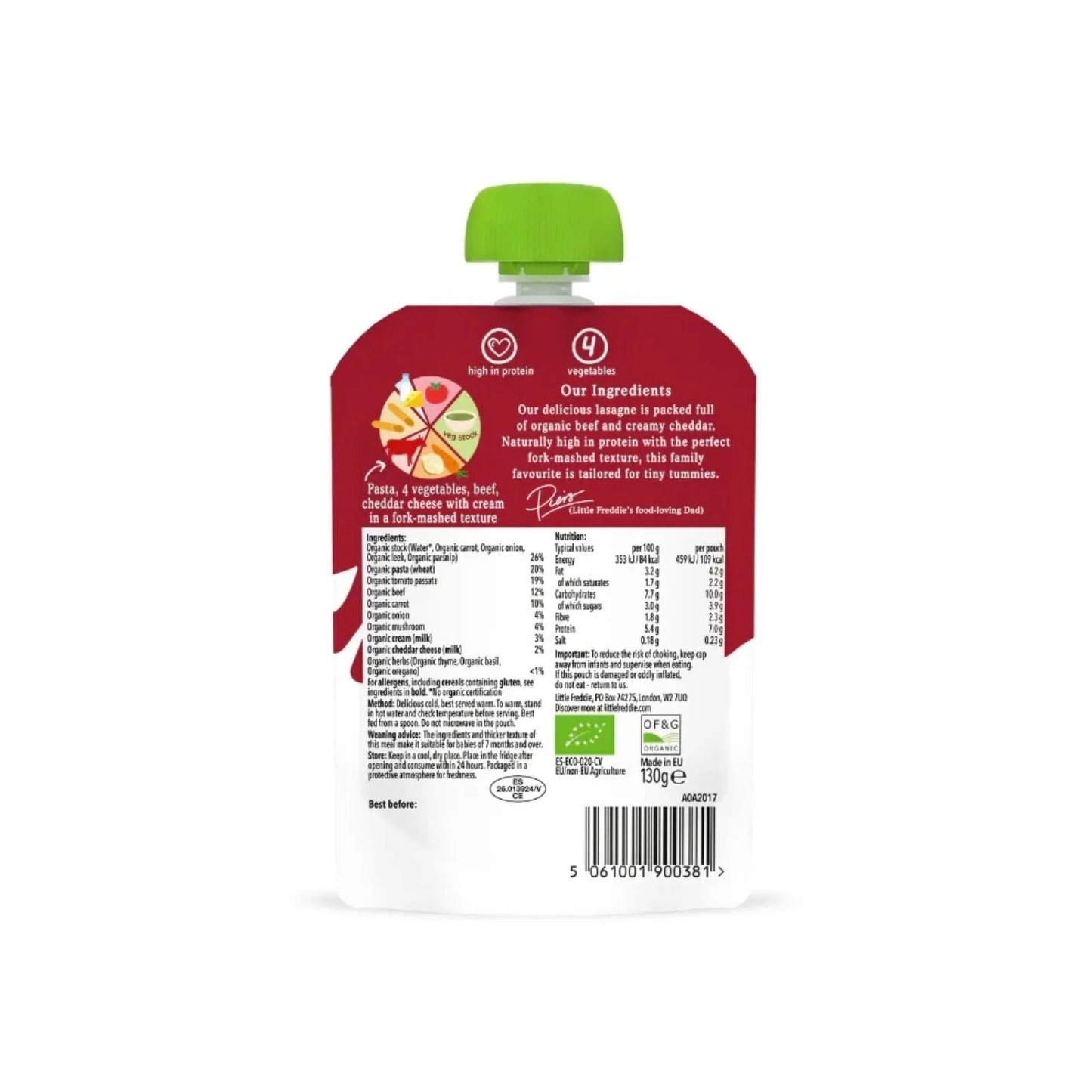 Little Freddie Organic Beef Lasagne with Cheese Baby Food Pouch 7+ months 130g - mezetto ebebek ebebek