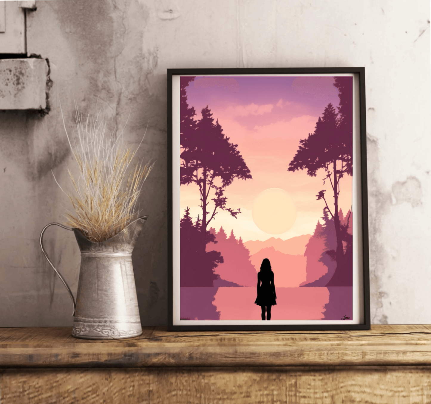 Pink Sunset Silhouette Print | Serene Girl Wall Art - mezetto KEOLIX KEOLIX