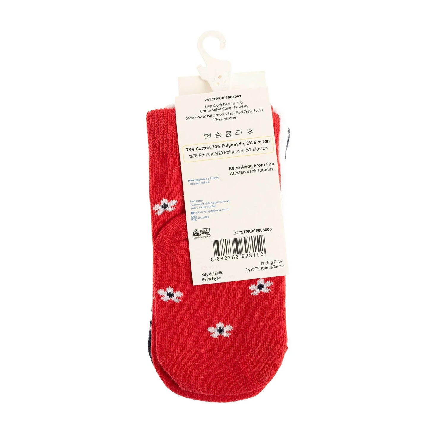 Step Flower Socks 3 Pcs - Red - mezetto ebebek ebebek