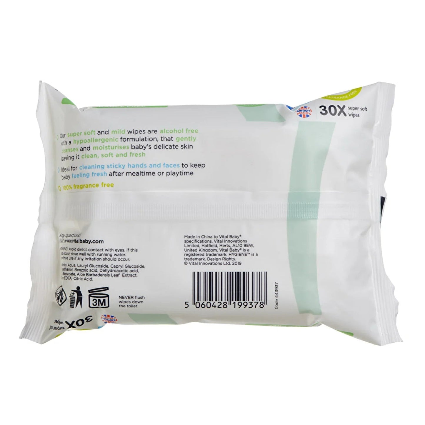 Vital Baby Hygiene Super Soft Hand & Face Wipes Fragrance Free 30 pcs - mezetto ebebek ebebek