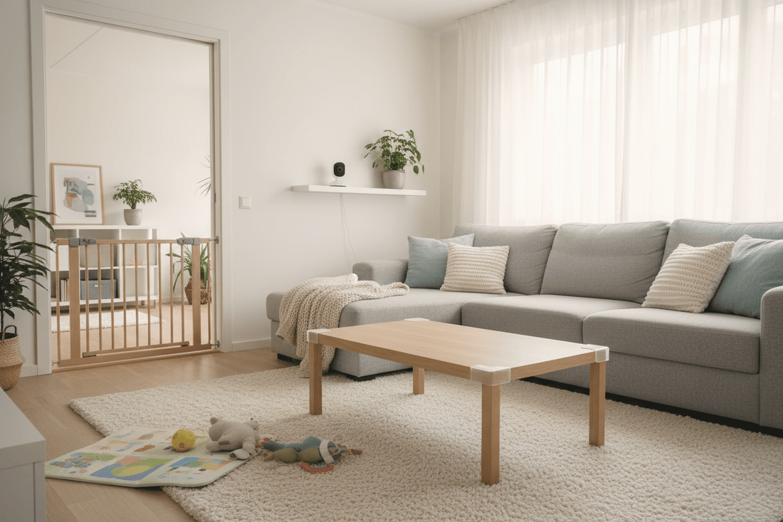 Modern baby-proofed living room with safety gate at doorway, corner guards on coffee table, and baby monitor on shelf in cozy Scandinavian home setting