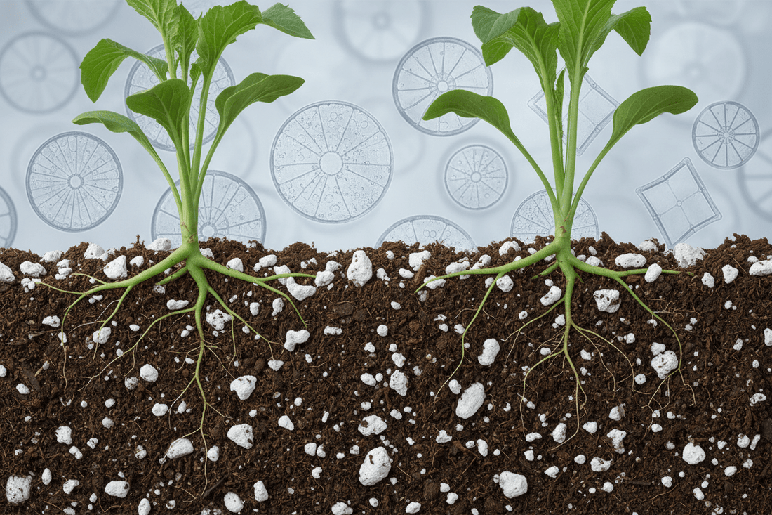 Illustration of geothermal diatomite as a soil improver with plant roots and microscopic diatom fossils showing silicon-rich soil structure