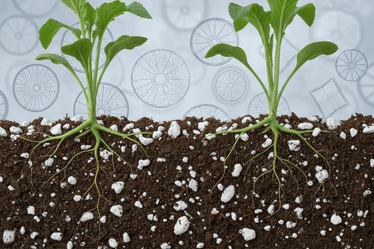 Illustration of geothermal diatomite as a soil improver with plant roots and microscopic diatom fossils showing silicon-rich soil structure