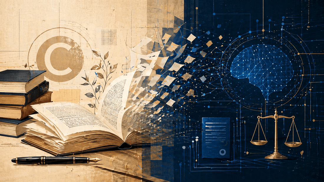 Yapay zekâ, telif hakkı ve yayıncılık temasını anlatan; kitaplar, açık sayfalar, dijital ağlar ve adalet terazisi sembollerini bir araya getiren editoryal illüstrasyon.