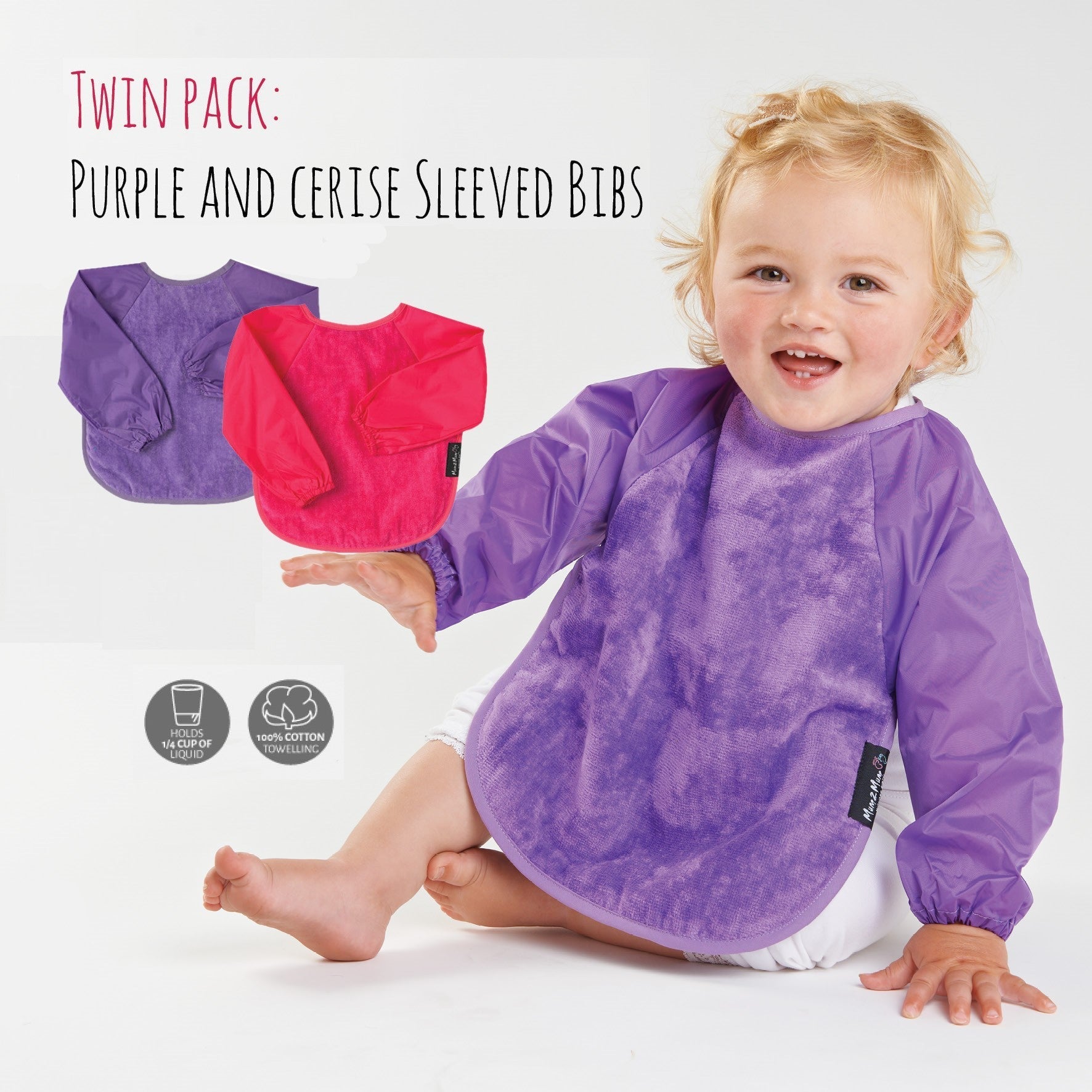 2 PACK - Mum 2 Mum Long Sleeved Wonder Bibs LARGE 18m - 3 years - Purple & Cerise - mezetto Baby&More Baby&More