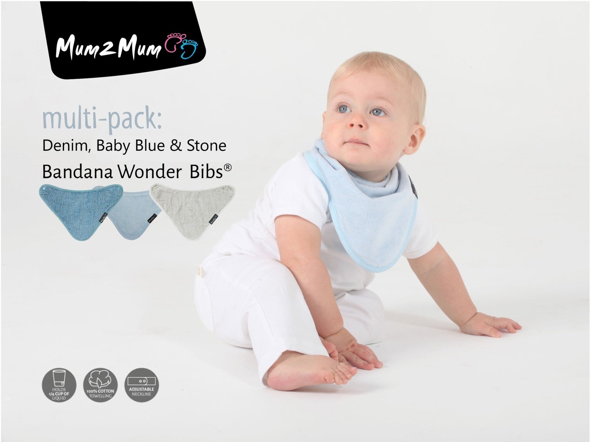 3 PACK - Mum 2 Mum Bandana Style Baby Bibs - Denim / Baby Blue / Stone - mezetto Baby&More Baby&More