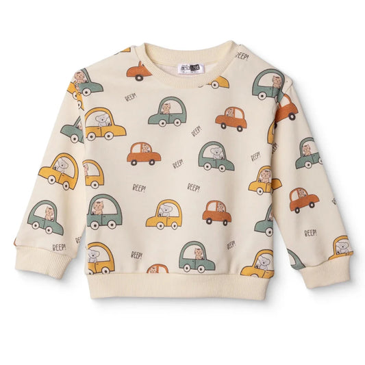 HelloBaby Boys Sweatshirt Car Print Little Car Crew Neck Long Sleeve - Ecru Printed