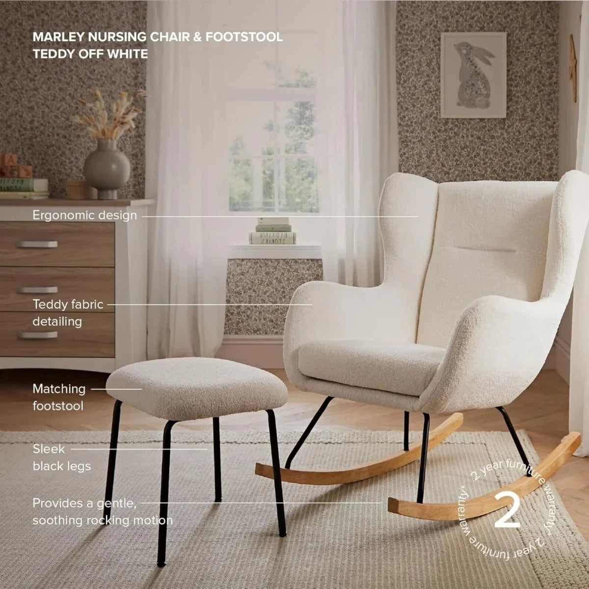 CuddleCo Marley Nursing Chair and Footstool - Teddy Off White