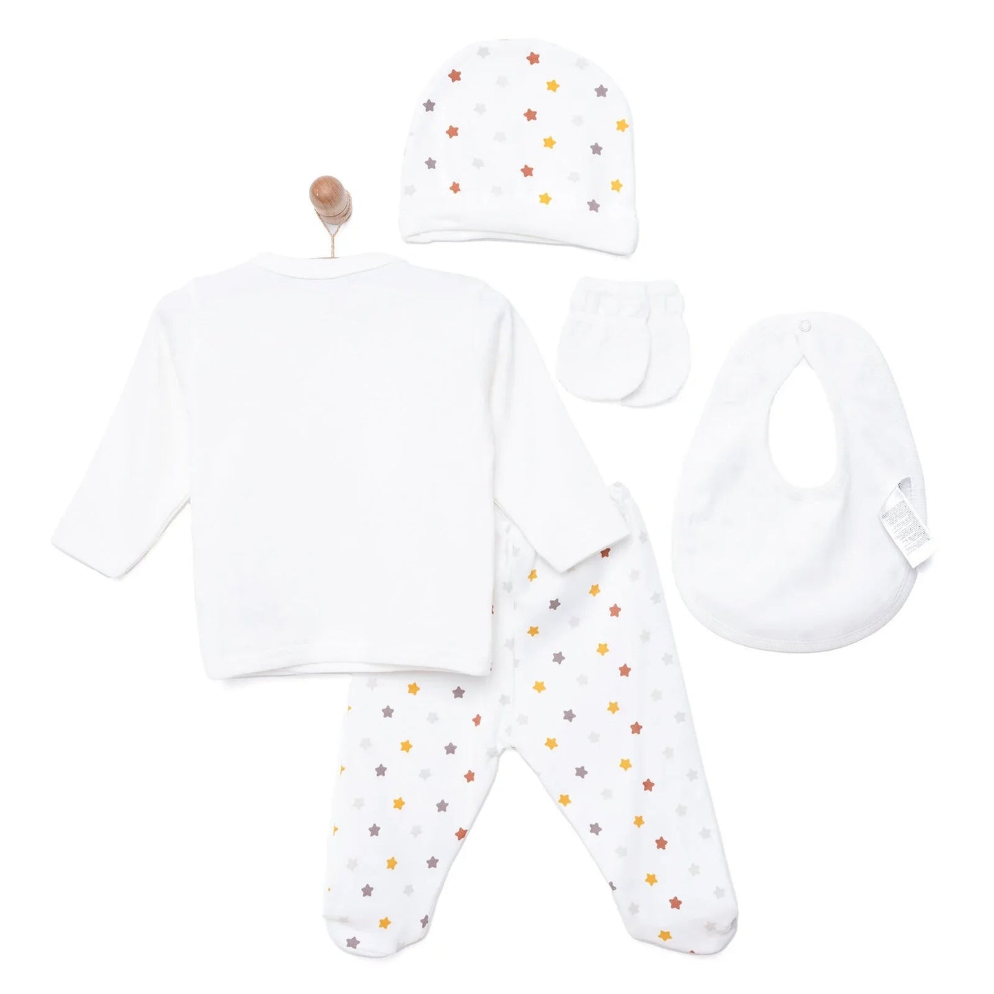 Aziz Bebe Suzene Embroidered 5 Piece Newborn Starter Set - Ecru - mezetto ebebek ebebek