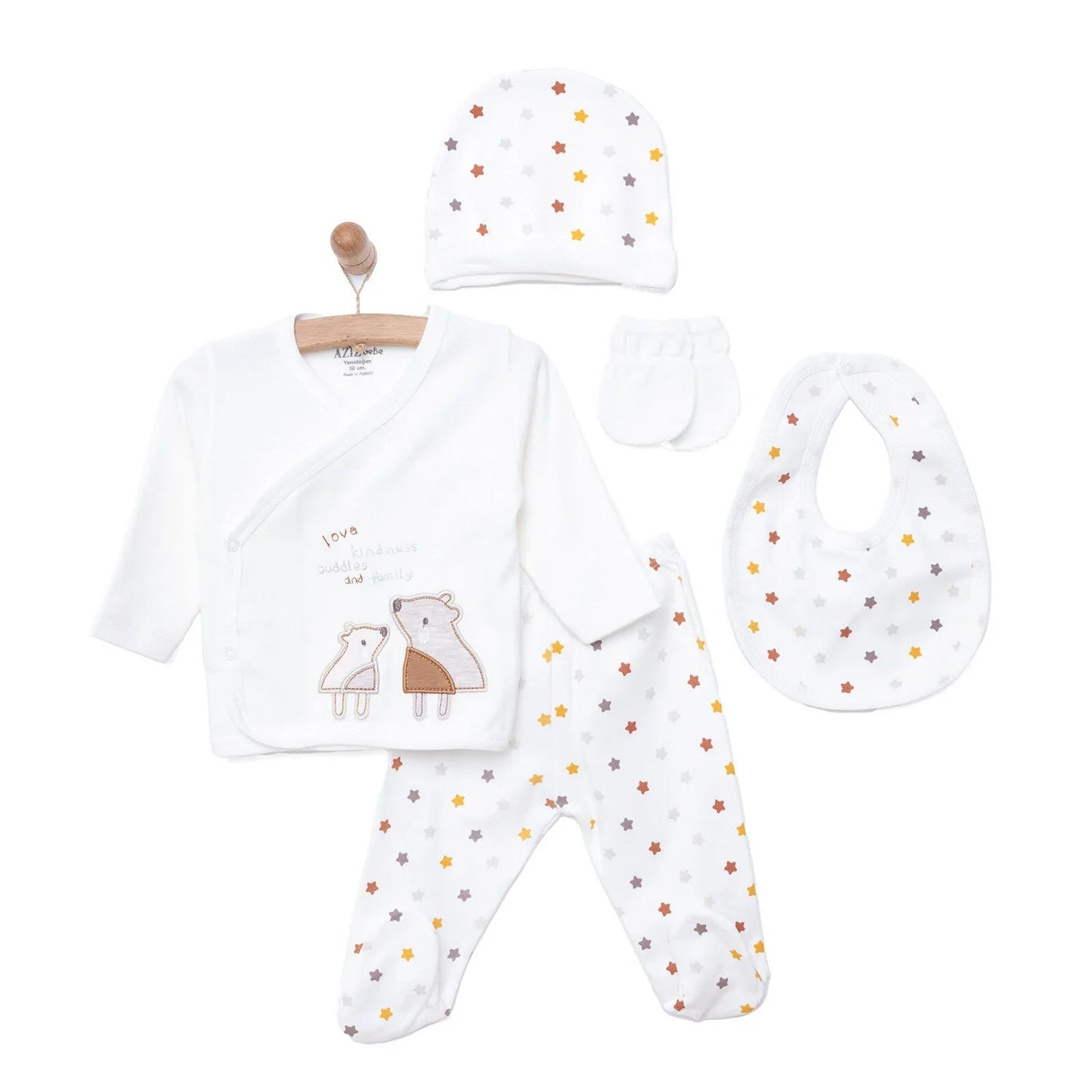Aziz Bebe Suzene Embroidered 5 Piece Newborn Starter Set - Ecru - mezetto ebebek ebebek
