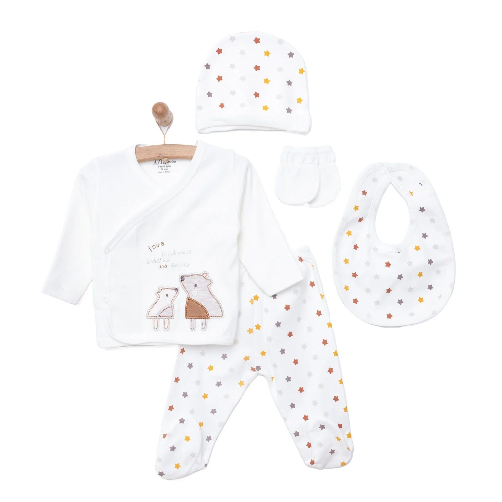 Aziz Bebe Suzene Embroidered 5 Piece Newborn Starter Set - Ecru - mezetto ebebek ebebek