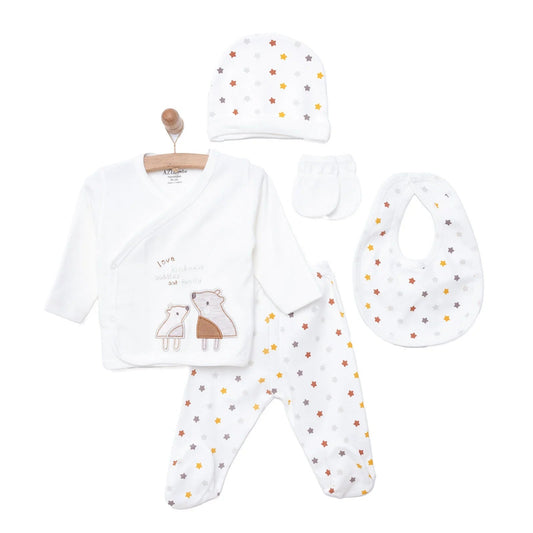Aziz Bebe Suzene Embroidered 5 Piece Newborn Starter Set - Ecru - mezetto ebebek ebebek