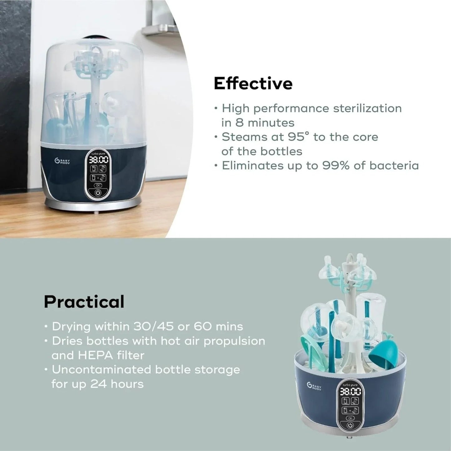 Babymoov Turbo Pure 3 - in - 1 Steriliser & Dryer & Purified Bottle Storage - mezetto ebebek ebebek