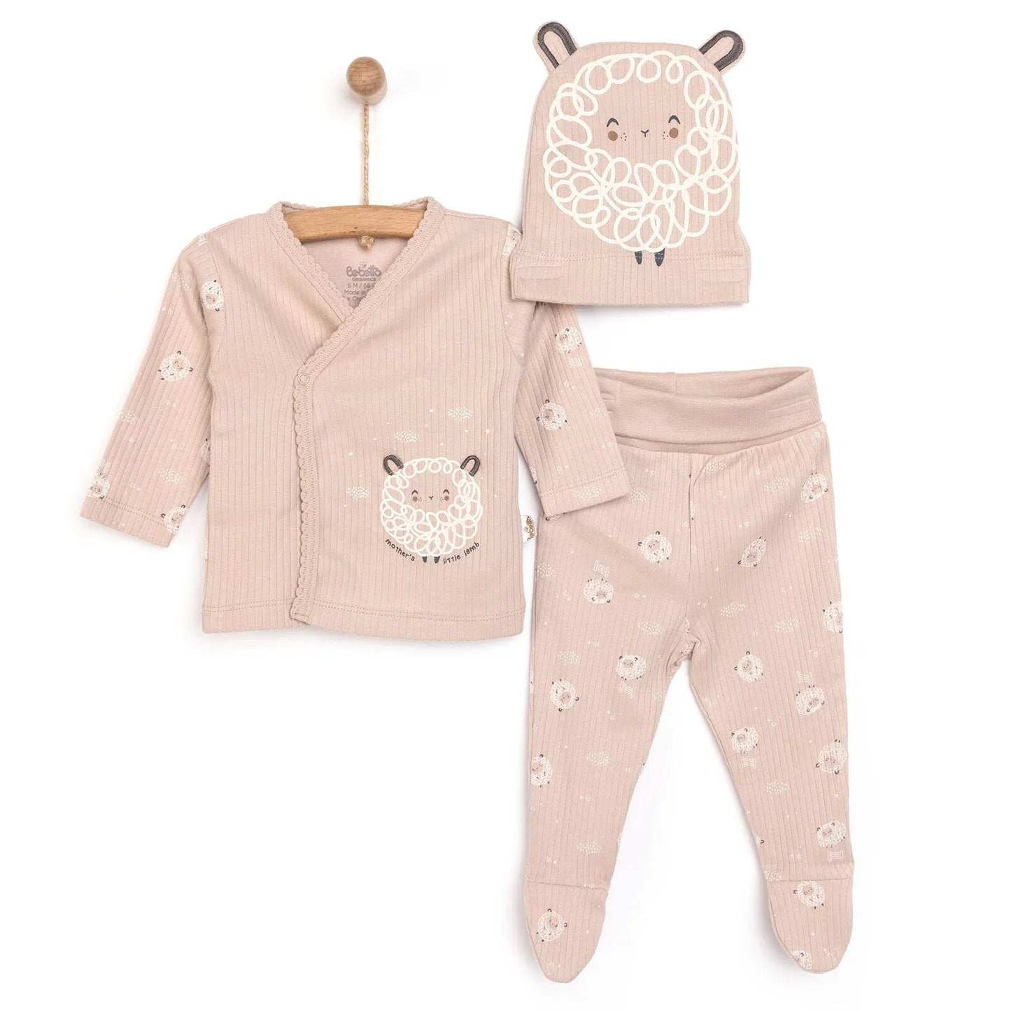 Bebetto Newborn Baby Girl Top - Footed Jumpsuit - Hat - Beige - mezetto ebebek ebebek