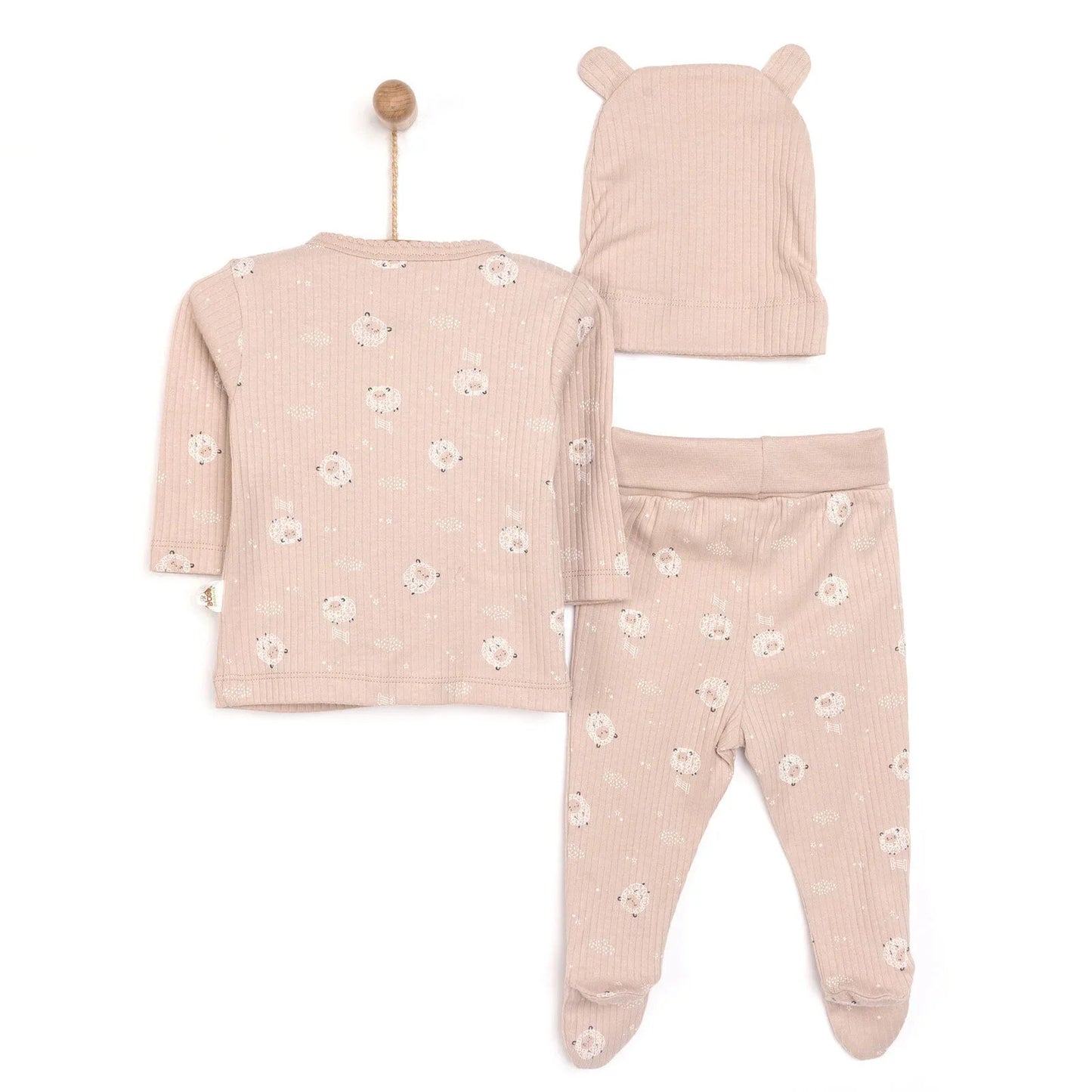 Bebetto Newborn Baby Girl Top - Footed Jumpsuit - Hat - Beige - mezetto ebebek ebebek
