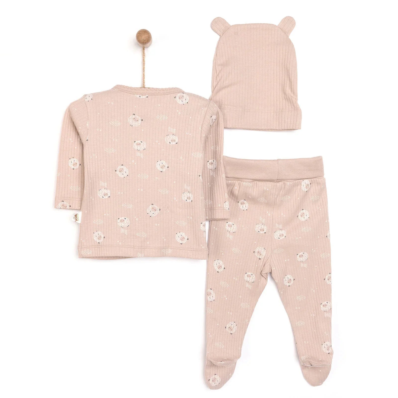 Bebetto Newborn Baby Girl Top - Footed Jumpsuit - Hat - Beige - mezetto ebebek ebebek