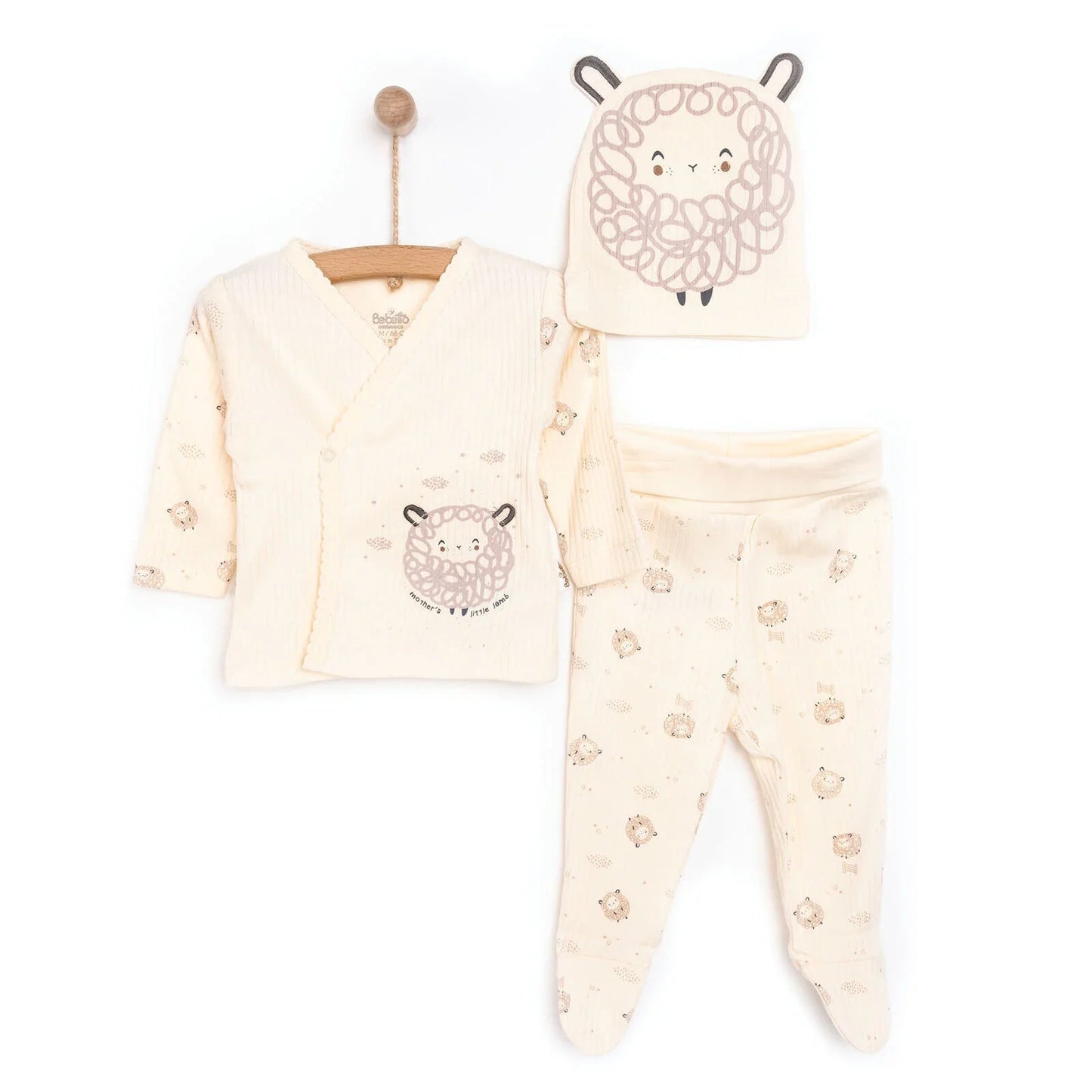 Bebetto Newborn Baby Girl Top - Footed Jumpsuit - Hat - Ecru - mezetto ebebek ebebek