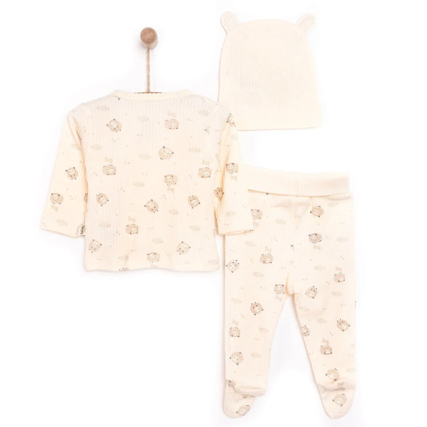 Bebetto Newborn Baby Girl Top - Footed Jumpsuit - Hat - Ecru - mezetto ebebek ebebek
