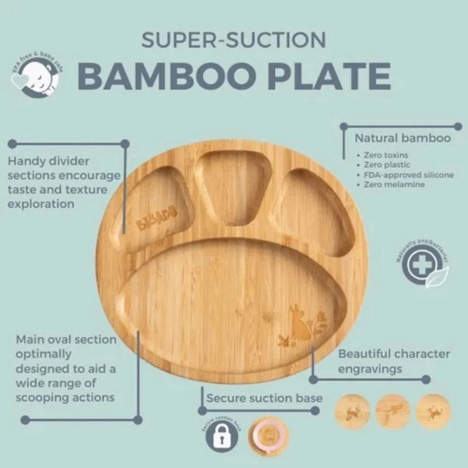 Bibado Natural Bamboo Suction Divider Plate - Fawn - mezetto ebebek ebebek