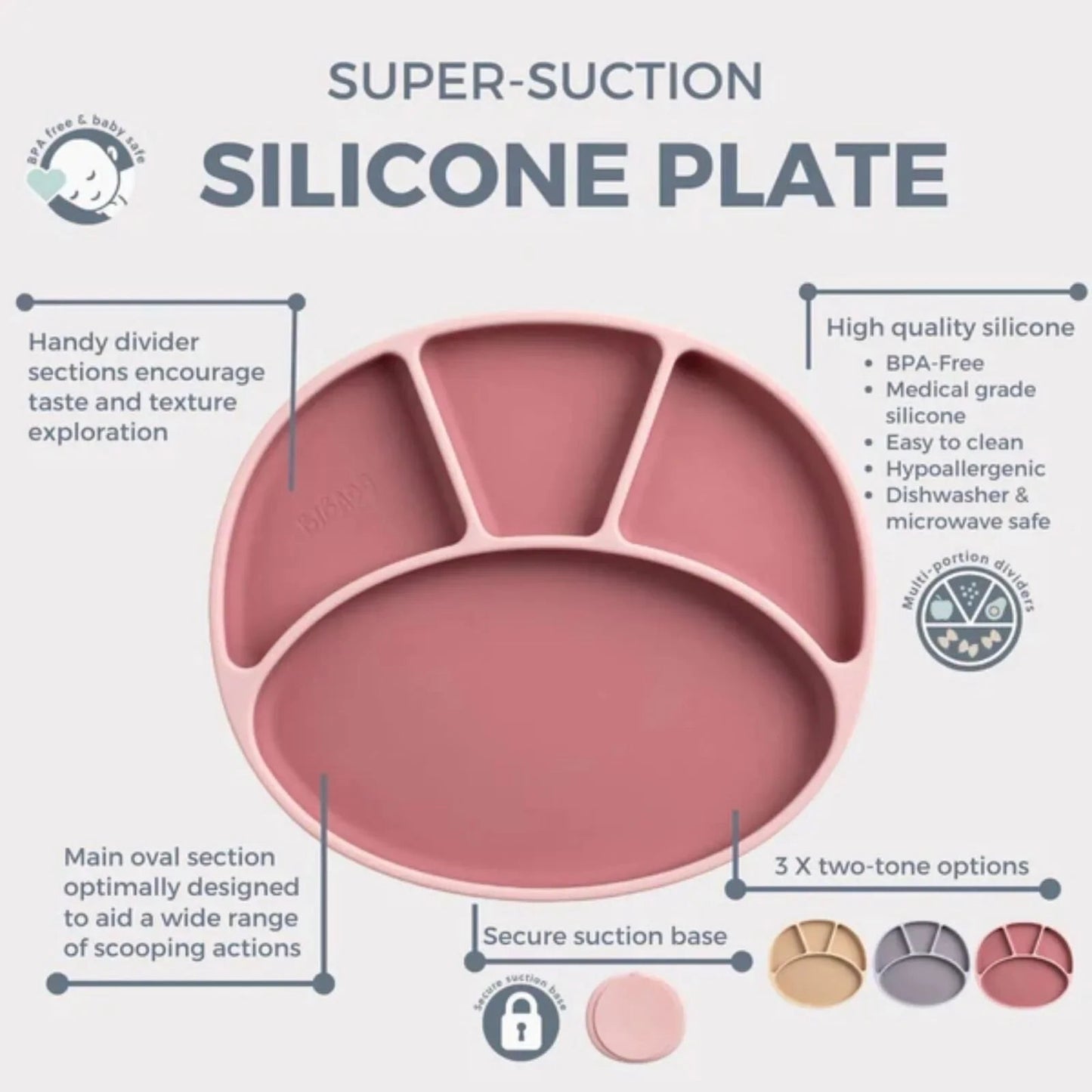 Bibado Silicone Suction Divider Plate - Blush - mezetto ebebek ebebek