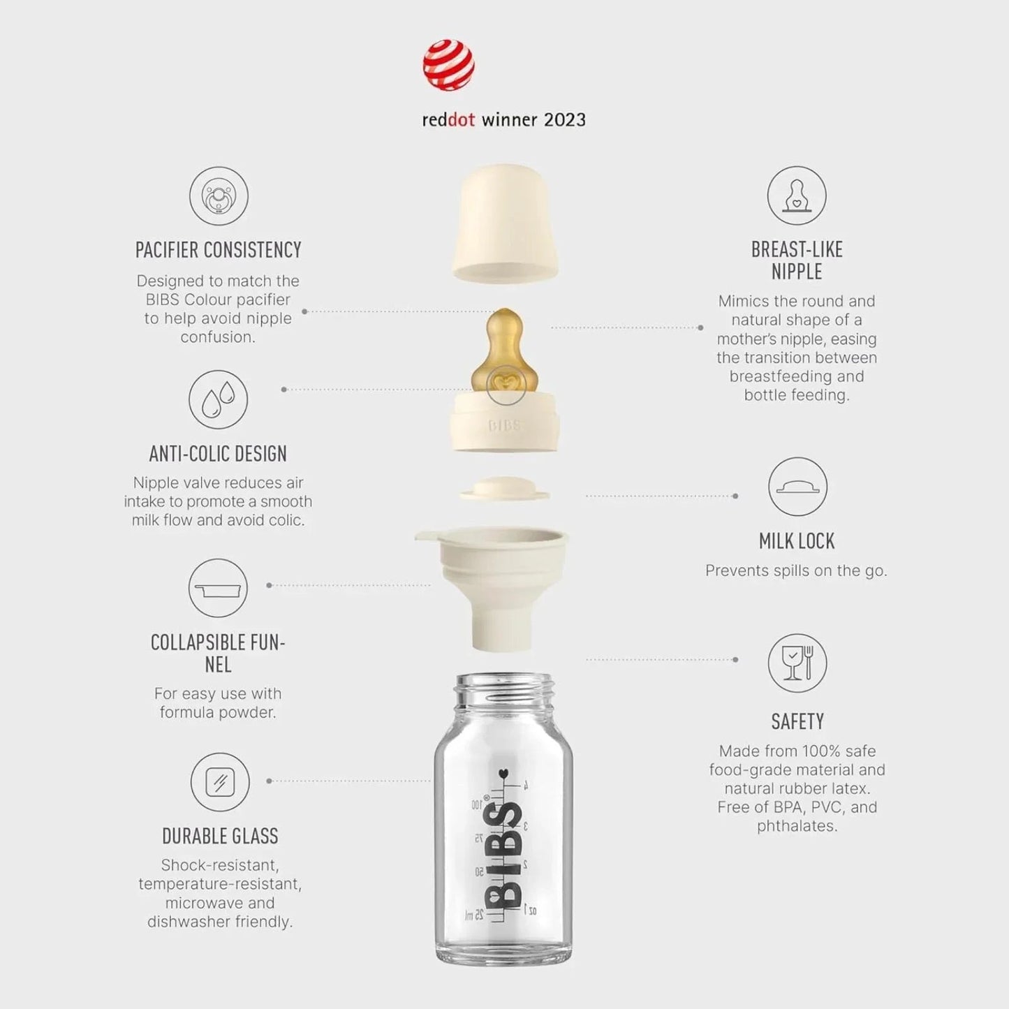 BIBS Baby Glass Bottle Complete Set Latex 110ml - Ivory - mezetto ebebek ebebek