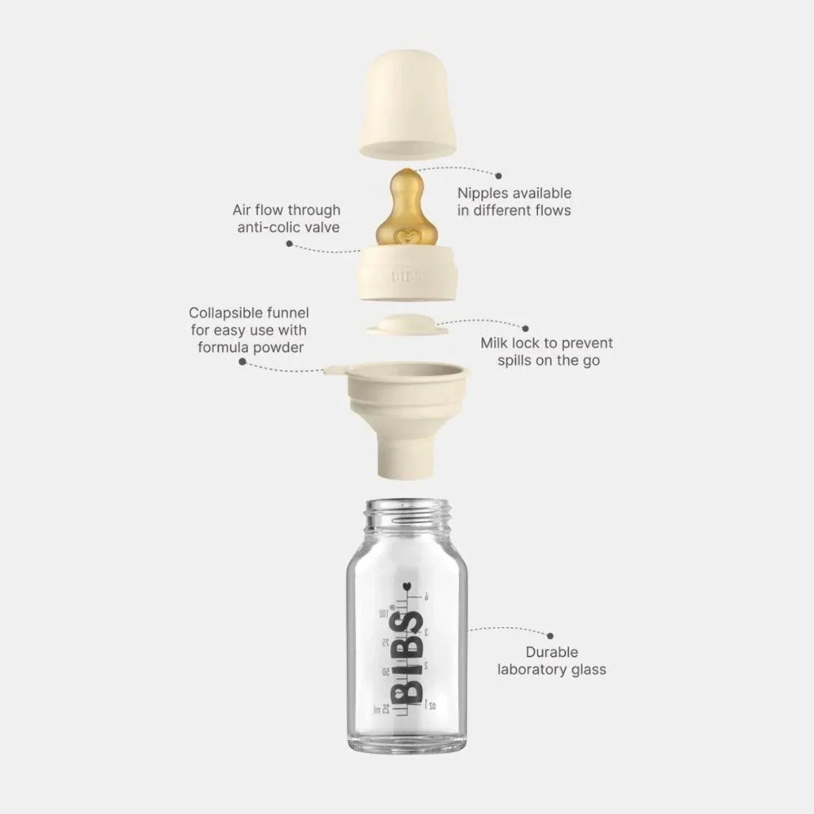 BIBS Baby Glass Bottle Complete Set Latex 110ml - Ivory - mezetto ebebek ebebek