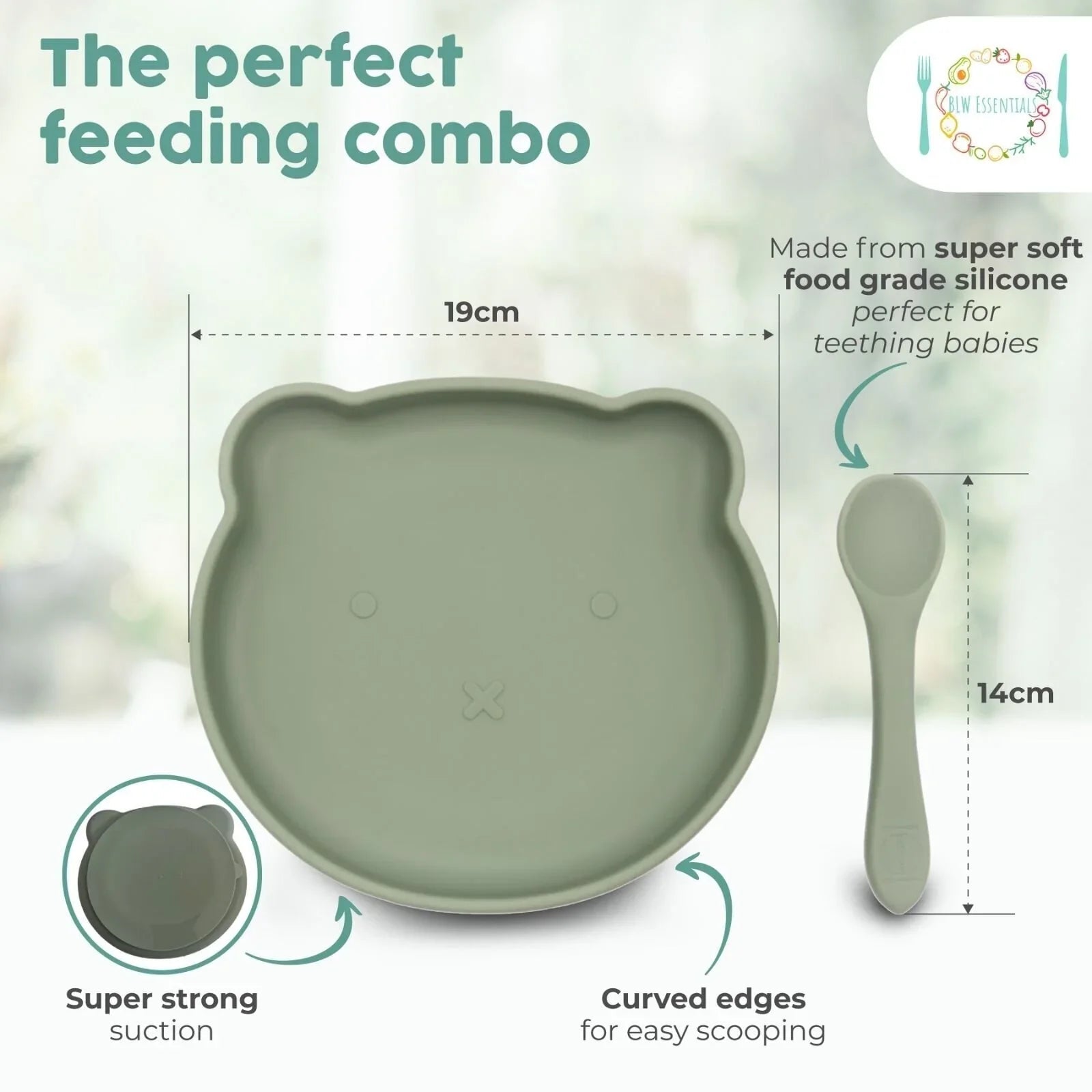 BLW Essentials Bear Plate and Spoon - Sage - mezetto ebebek ebebek