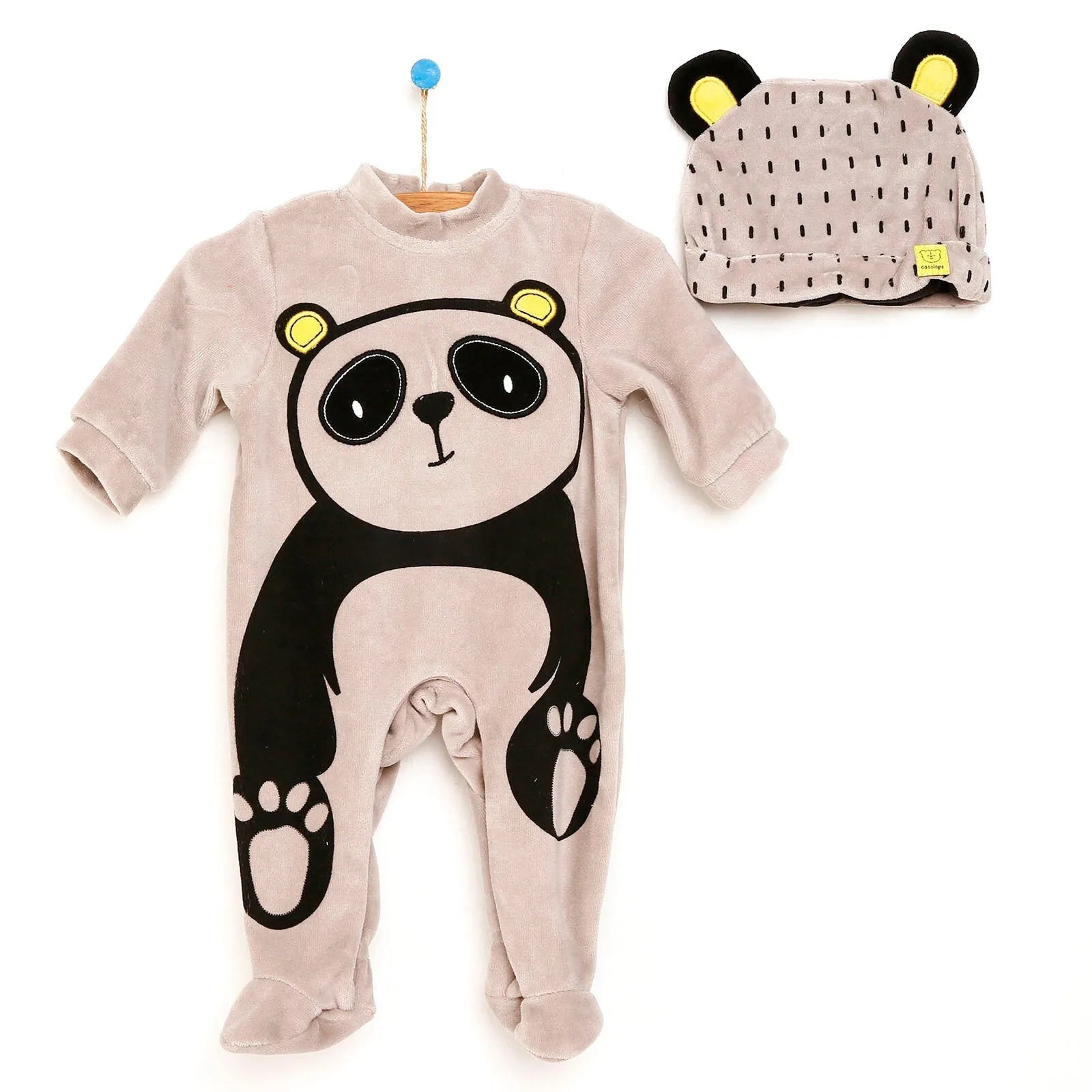 Cassiope Newborn Panda Velvet Jumpsuit - Grey - mezetto ebebek ebebek
