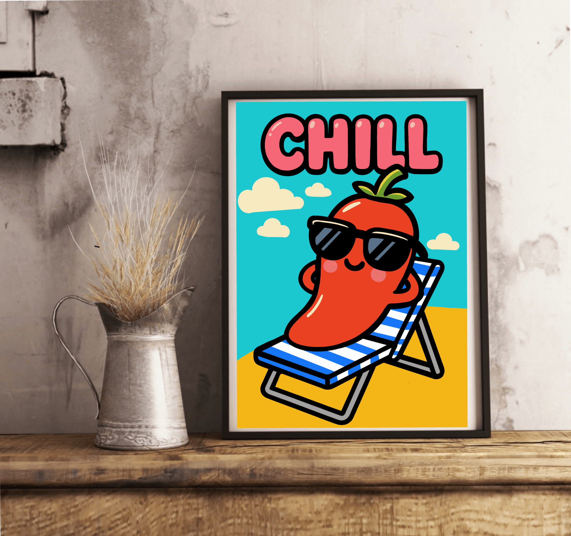 CHILL Cartoon Pepper Art Print – Fun Beach Wall Poster A3 A4 A5 - mezetto KEOLIX KEOLIX