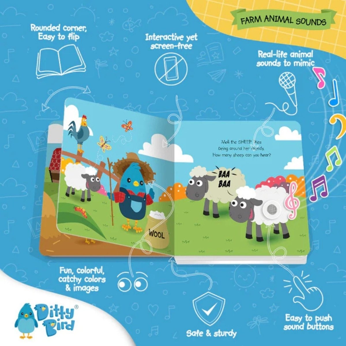 Ditty Bird Farm Animal Sounds Book - mezetto ebebek ebebek