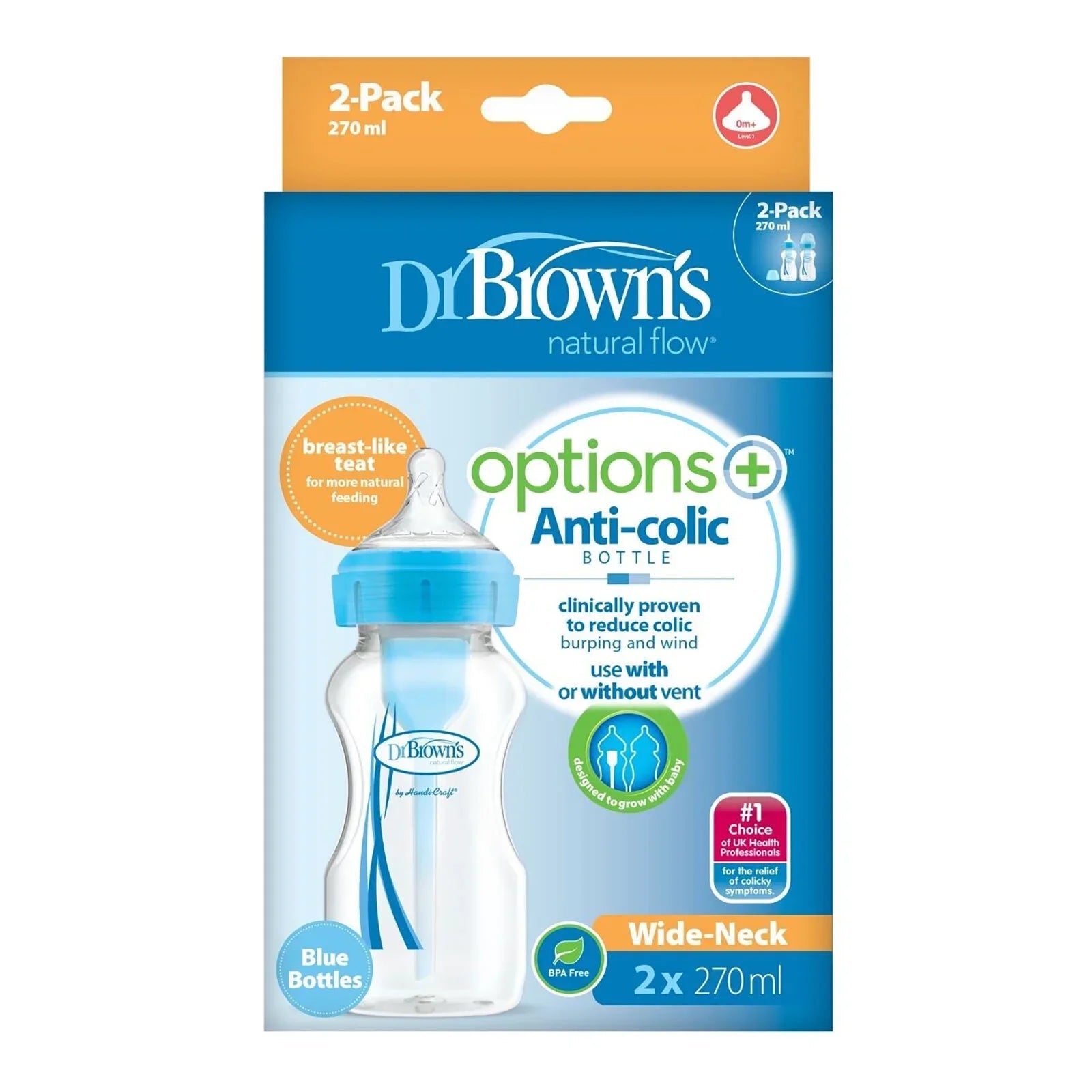 Dr. Brown's Options+ Anti - Colic Baby Bottle Wide Neck Blue 270ml Pack of 2 - mezetto ebebek ebebek