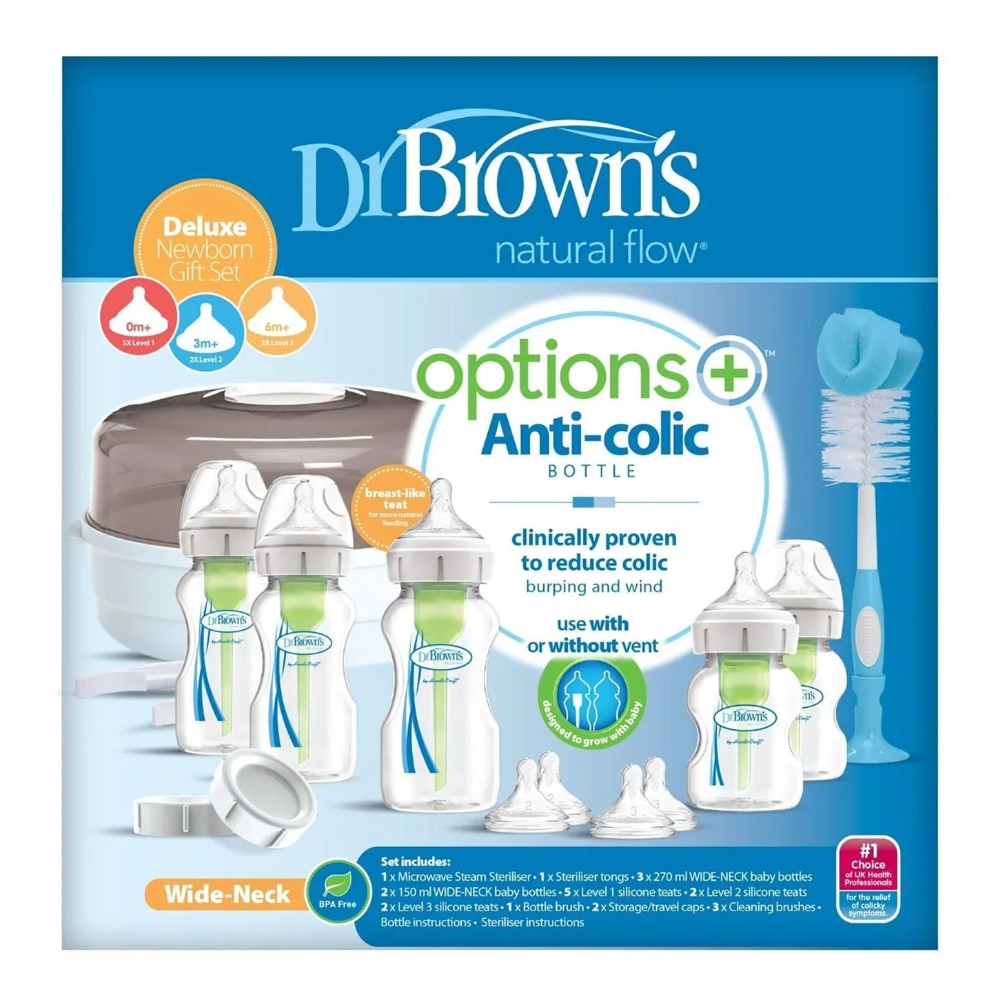 Dr. Brown's Options+ Anti - Colic Baby Bottle Wide Neck Newborn Gift Starter Set - mezetto ebebek ebebek