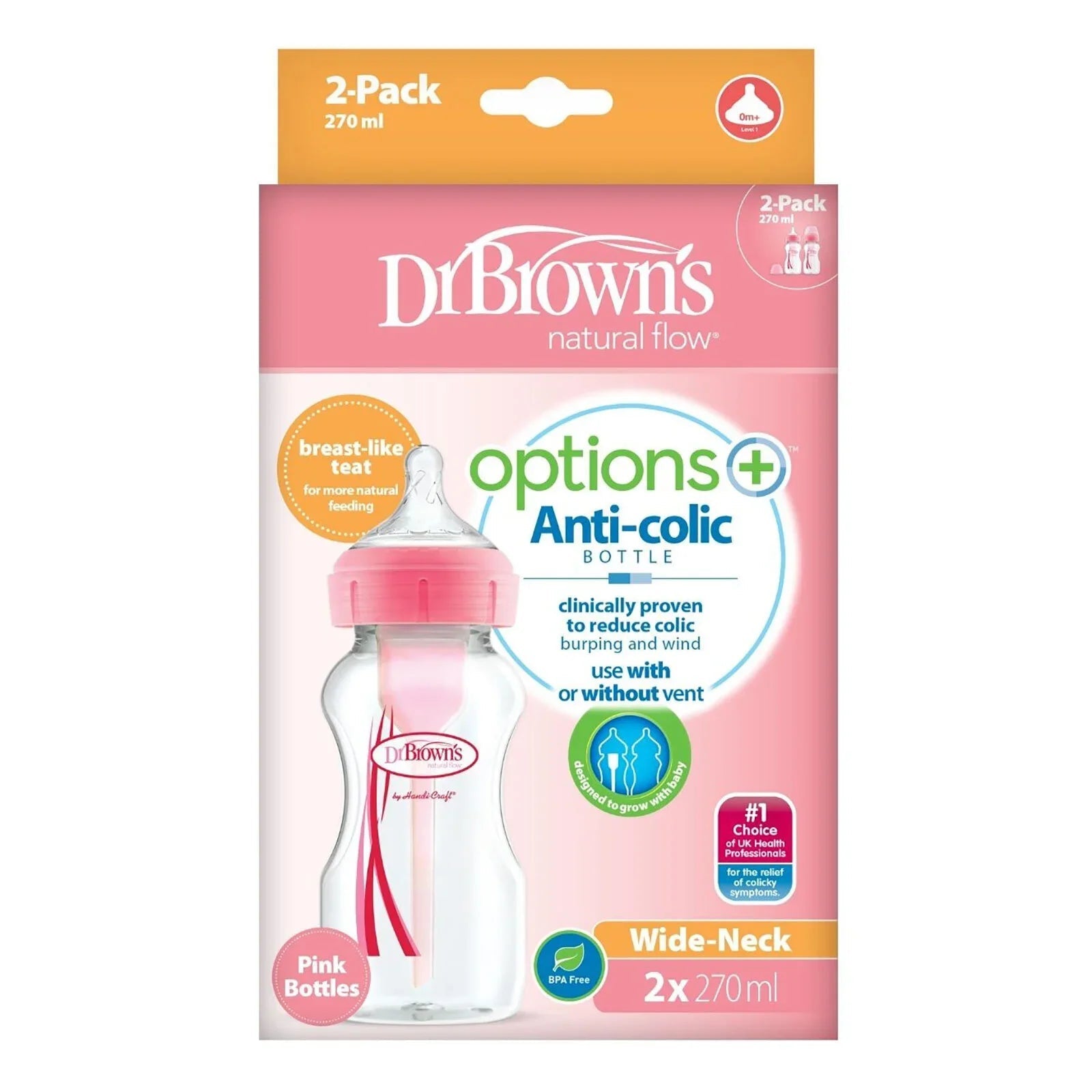 Dr. Brown's Options+ Anti - Colic Baby Bottle Wide Neck Pink 270ml Pack of 2 - mezetto ebebek ebebek