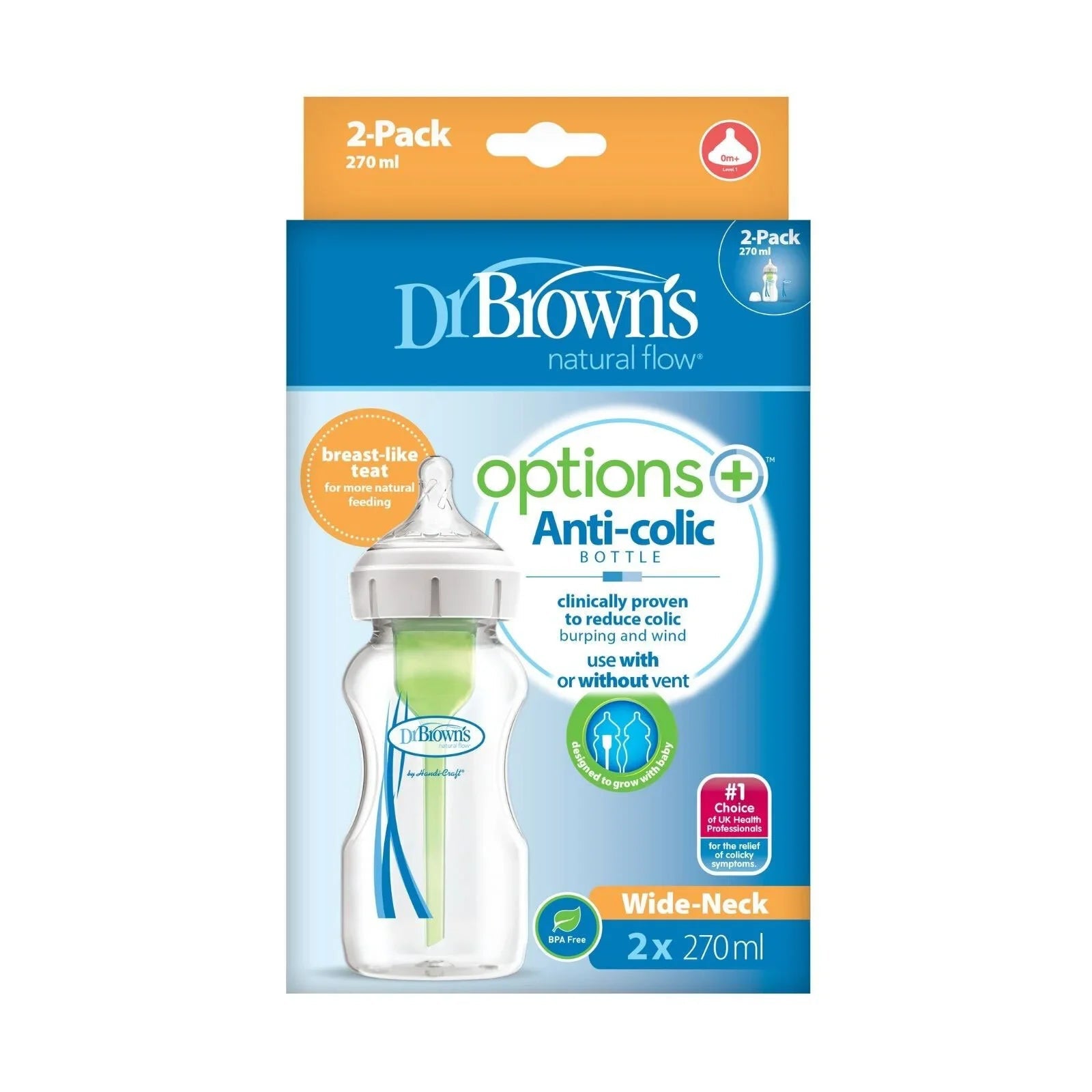 Dr. Brown's Options+ Anti - Colic Wide Neck Baby Bottle 270 ml 2 pcs - mezetto ebebek ebebek