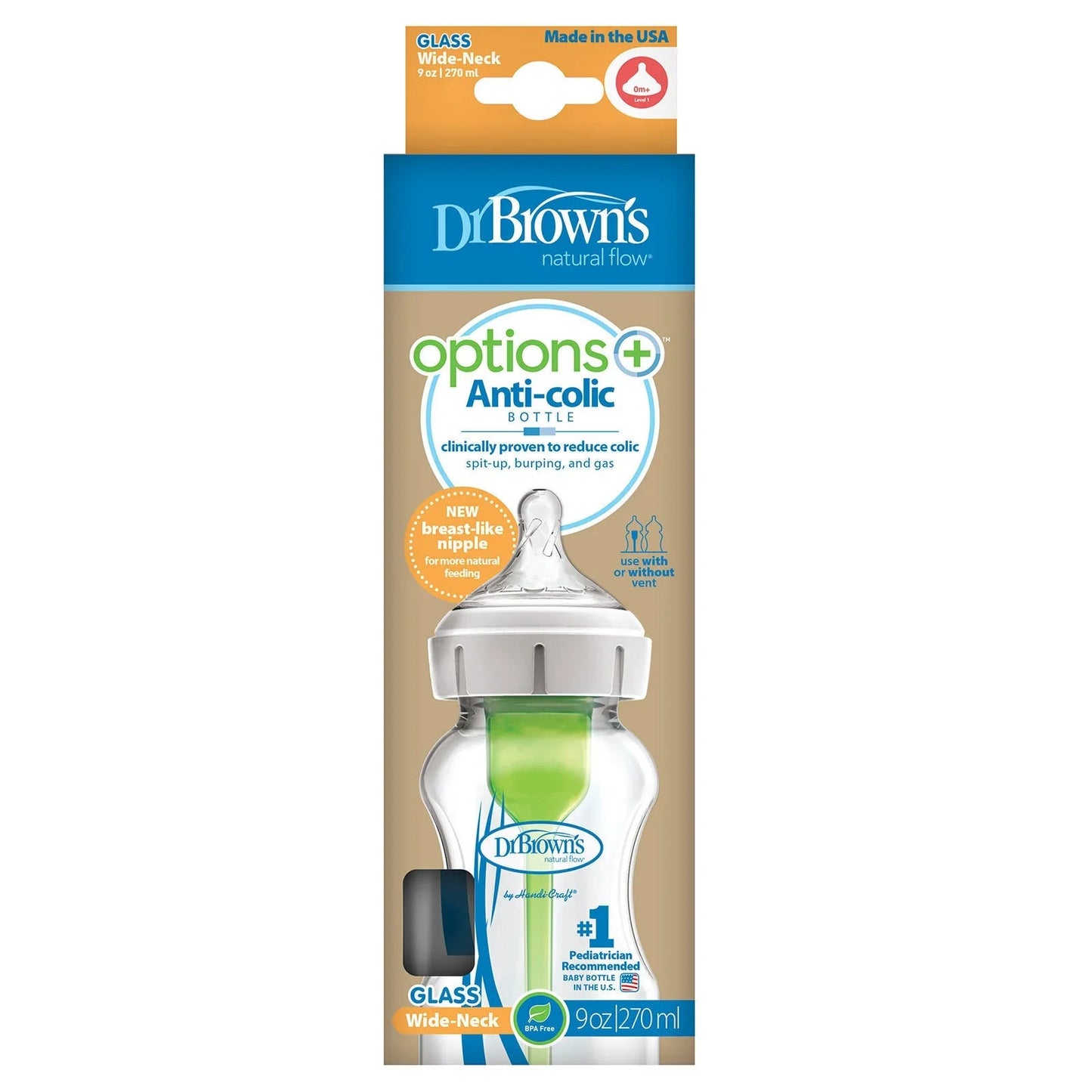 Dr. Brown's Options+ Anti - Colic Wide Neck Glass Baby Bottle 270ml - mezetto ebebek ebebek