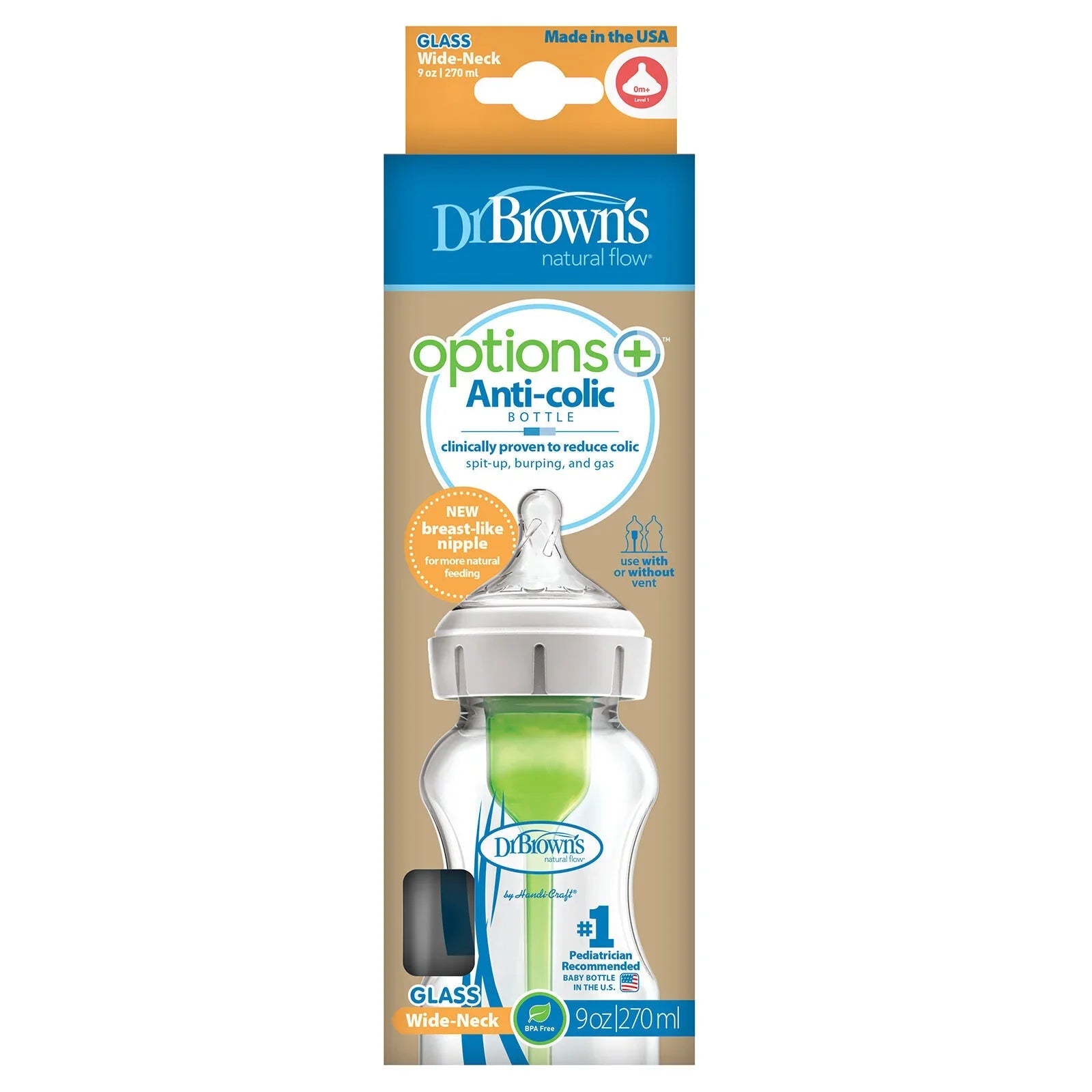 Dr. Brown's Options+ Anti - Colic Wide Neck Glass Baby Bottle 270ml - mezetto ebebek ebebek